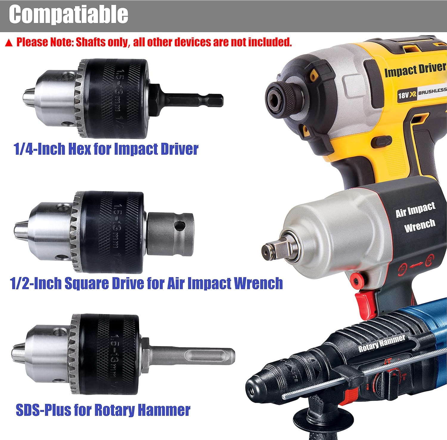 Yakamoz 3Pcs 1/2-20 UNF Mount Thread Drill Chuck Shank Adapter Set, SDS-Plus Shank for Rotary Hammer Drill | 1/4" Hex Shank for Impact Driver | 1/2" Drive Female Adapter for Air Impact Wrench