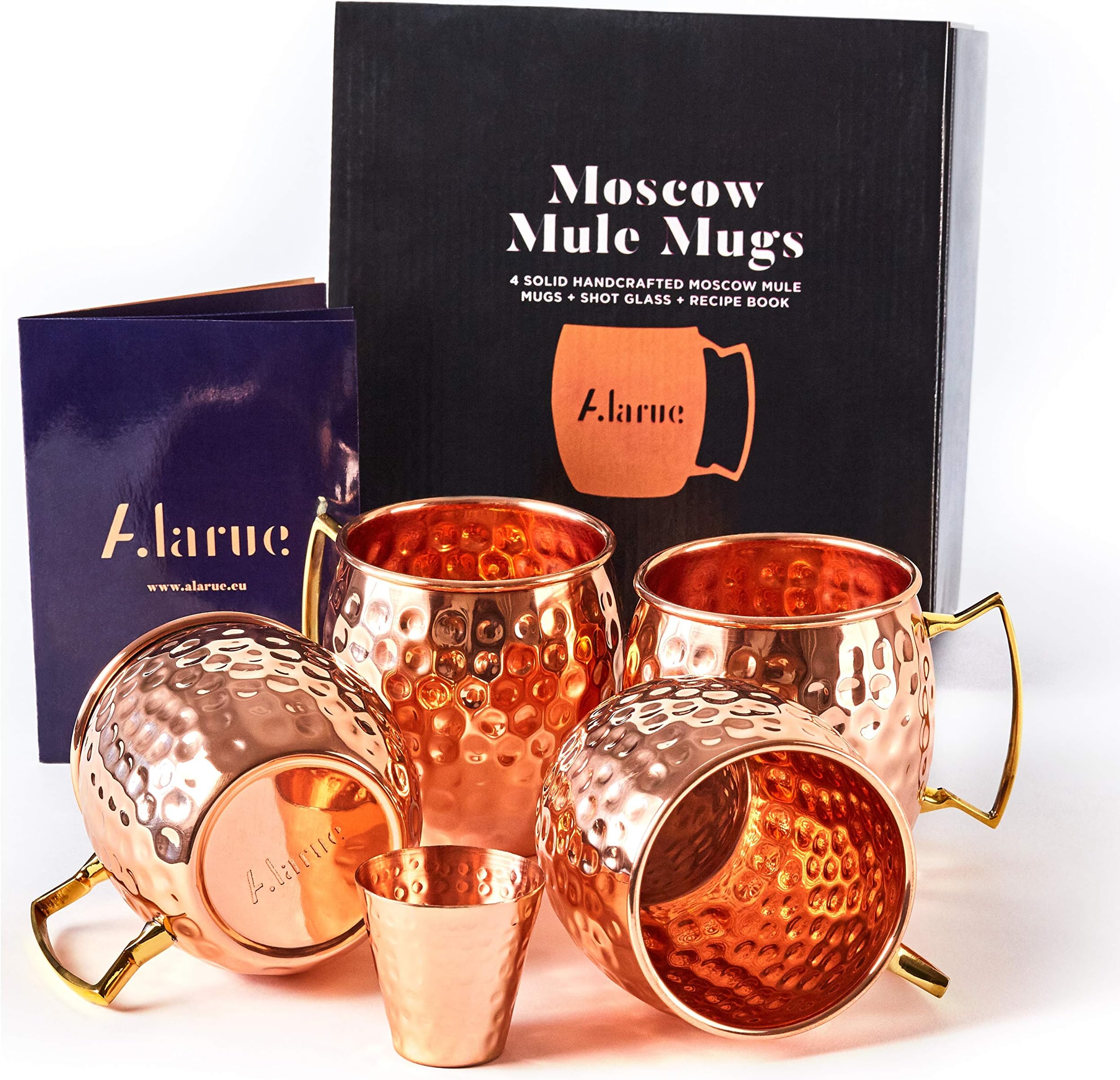 Moscow Mule Mugs Set - 4 Authentic Handcrafted Mugs (16 oz.) with Brass Handle and Shot Glass (2 oz.) - Food Safe Solid Copper - Gift set with Recipe Book Included