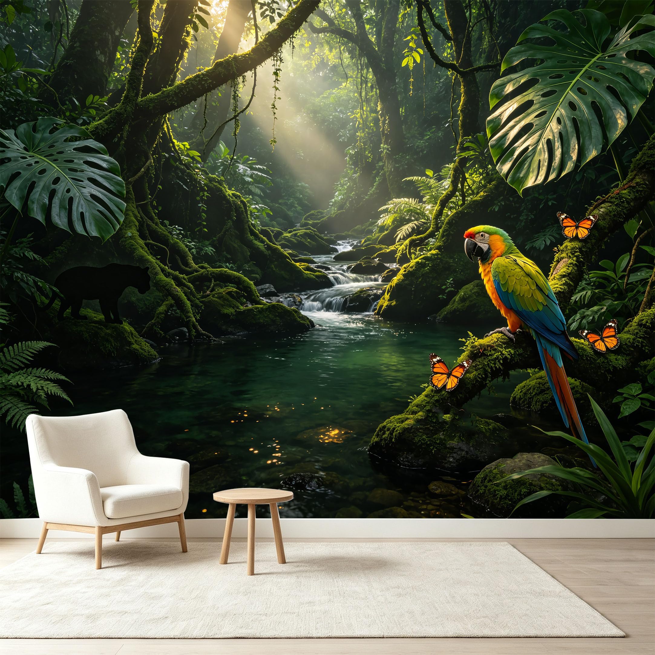 Custom Size Wall Murals Tropical Jungle Rainforest River Macaw Parrot Butterfly Nature Landscape Self-Adhesive Wall Fabric Removable Wallpaper Wall Decor for Living Room Bedroom Bathroom