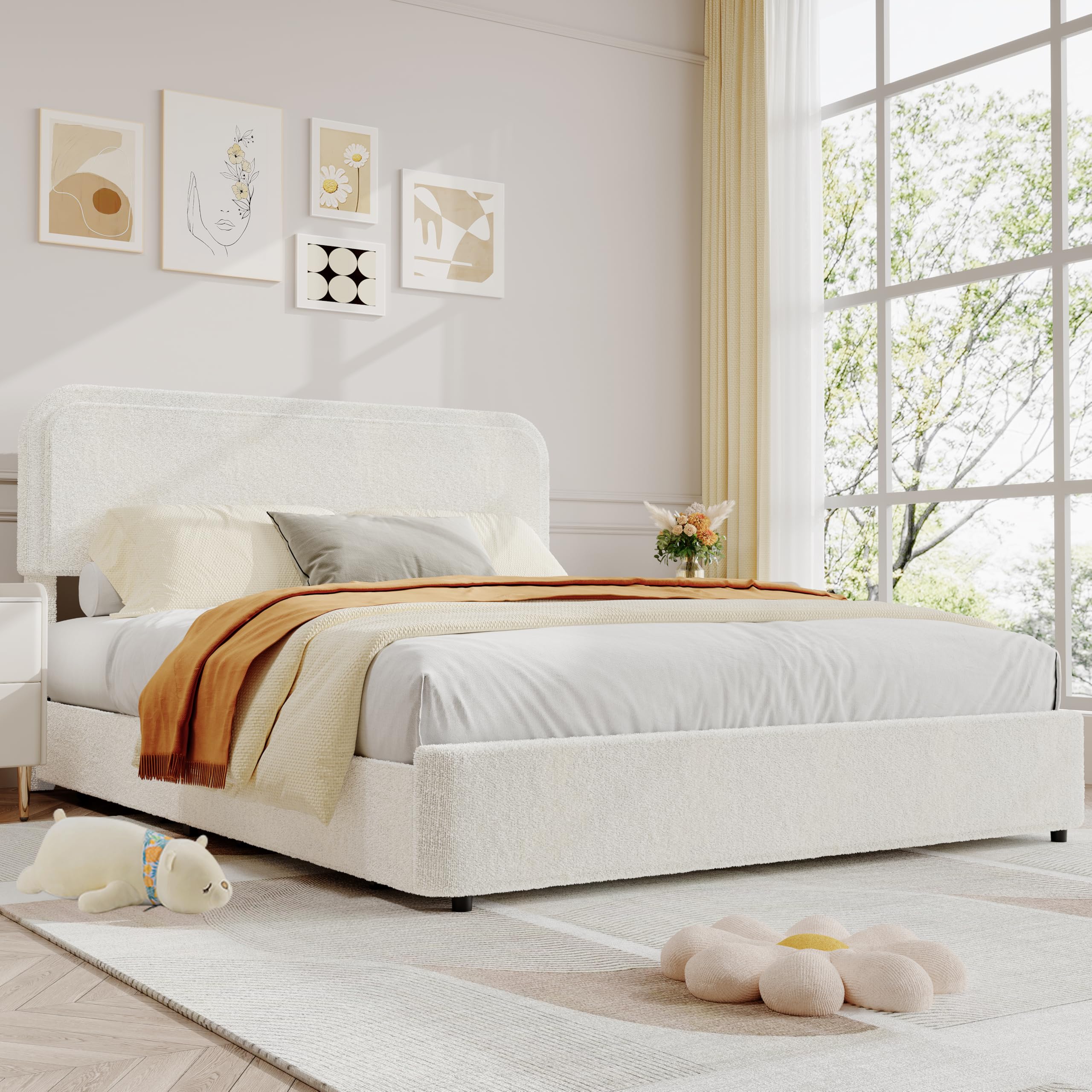 GAOMON Full Size Boucle Bed Frame, Modern Beige Upholstered Platform Bed Frame with Headboard, 4 Storage Drawers, Wooden Slats Support, No Box Spring