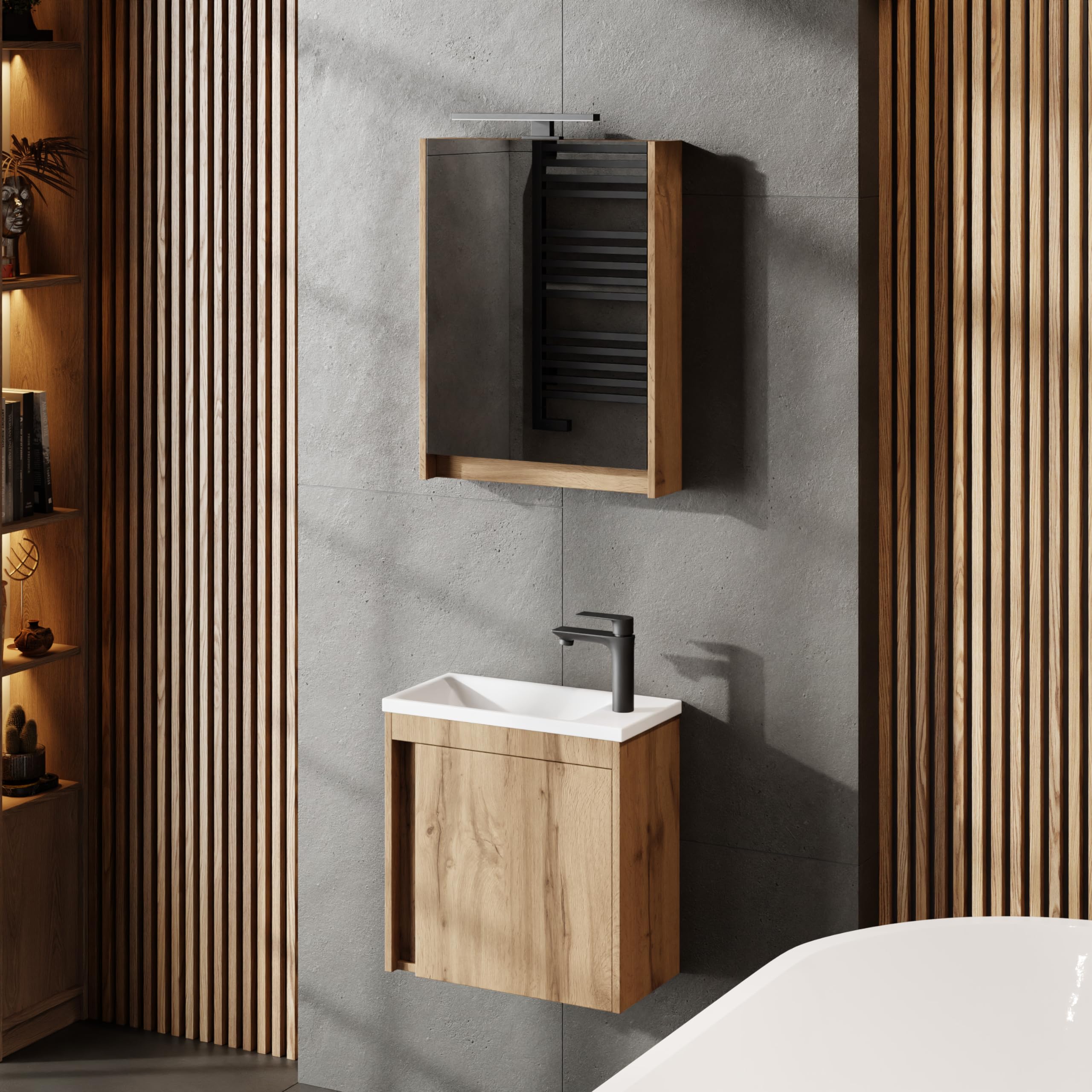 Planetmöbel Waschbecken mit Unterschrank 50 cm Wotan Eiche, Spiegelschrank Bad mit Beleuchtung 50 cm, Waschtisch Badmöbel Gäste WC Set, 2 teilig