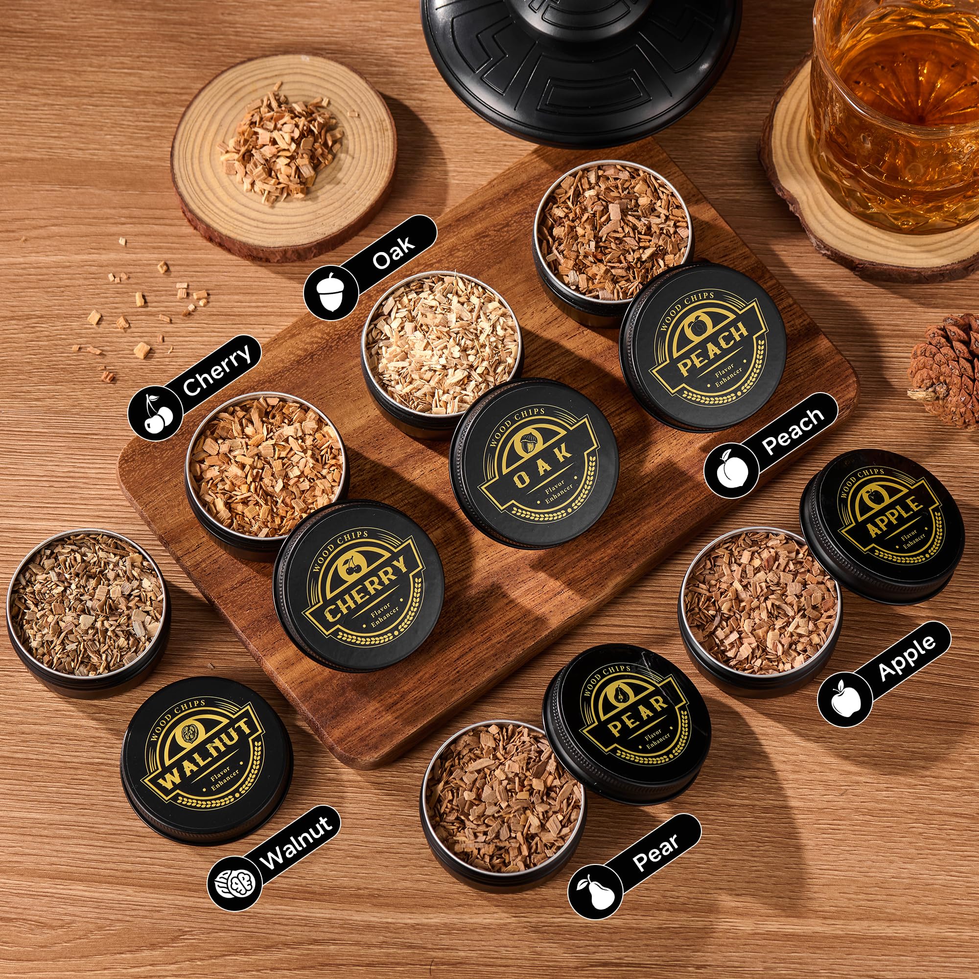 ComboJoy Elektrisches Whisky-Räucherkit mit LED, 6 Aromaholzspäne, Whisky-Glas & Eisform, wiederaufladbarer Cocktail-Räucheraufsatz – Bourbon Geschenk für Männer, Vater & Ehemann, Schwarz