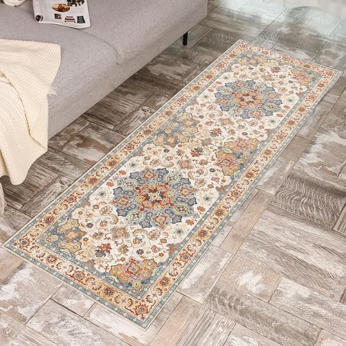Yancorp Alfombra bohemia de 2 x 6 pies para dormitorio, lavable, antideslizante, alfombra vintage para sala de estar, no desprende pelusa, alfombra