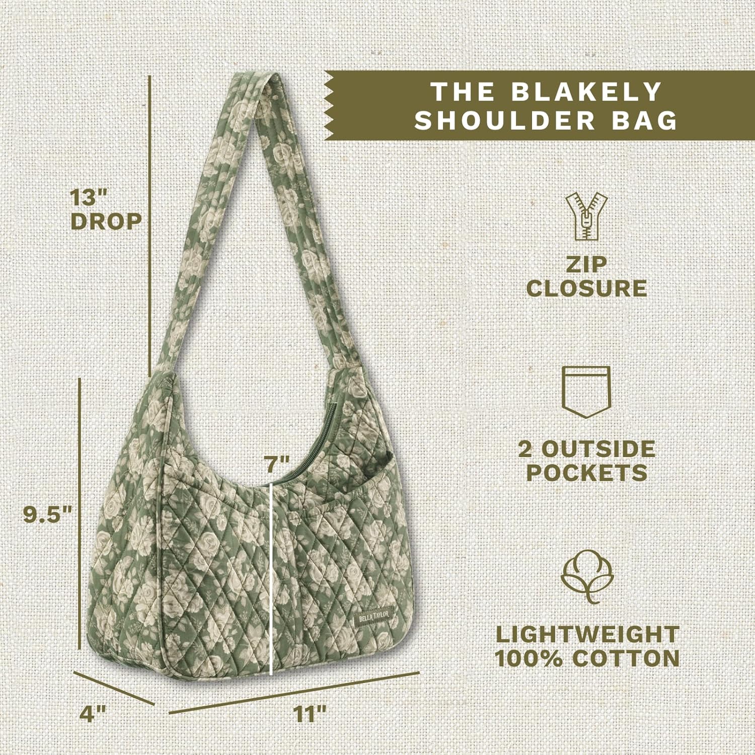 Bella Taylor Blakely - Hobo Shoulder Bag for Women - Lightweight Quilted Fabric Purse with Pockets - Image 4