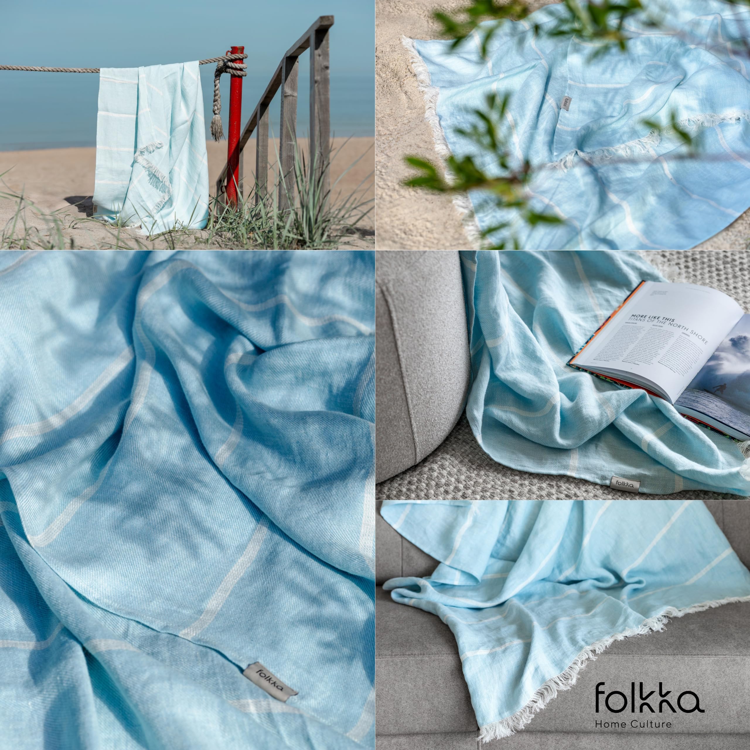 Telo mare Eden, coperta da piscina, divano, plaid, 100% lino, a righe (blu/bianco)