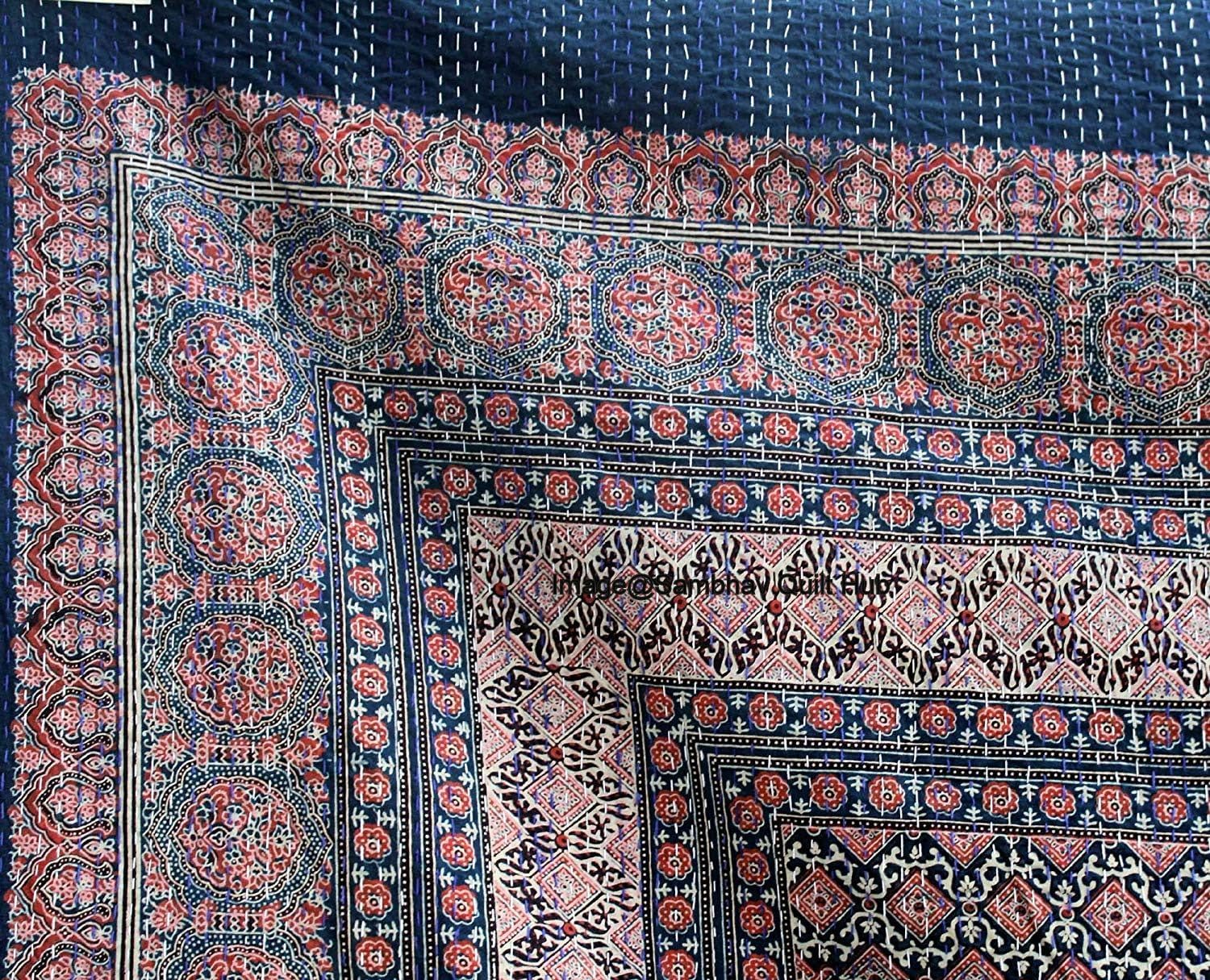 Red&Blue Hippie Kantha Ajarkh Hippie Handmade Queen Size Kantha Bedspread Ajrakh Reversible Hand Stitched Cotton Kantha Quilts Bohemian Floral Kantha Twin/Queen (60X90 inch)