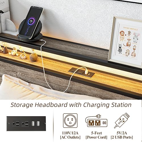 Miniatura 5 de BOFENG Base de cama individual con cabecera de madera y estación de carga USB, plataforma de metal resistente, marco de cama individual LED, tamaño