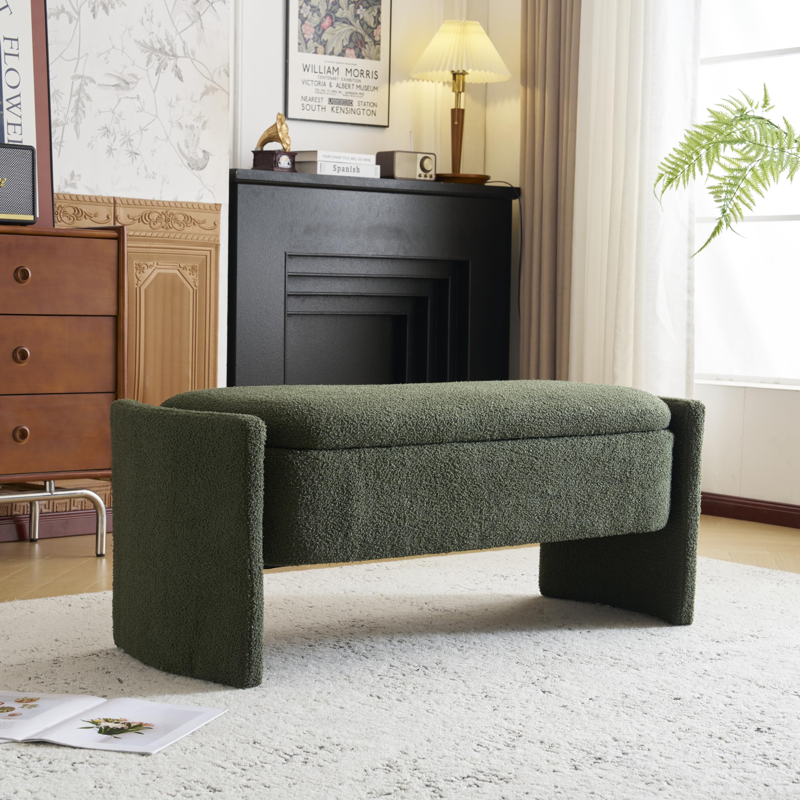 Christopher Knight Home Neapo Oval Storage Ottoman, Boucle Bench Ottoman, Storage Bench Chair, Hidden Space, End of Bed Upholstered Storage Bench for Living Room Bedroom Home Decor, Dark Green