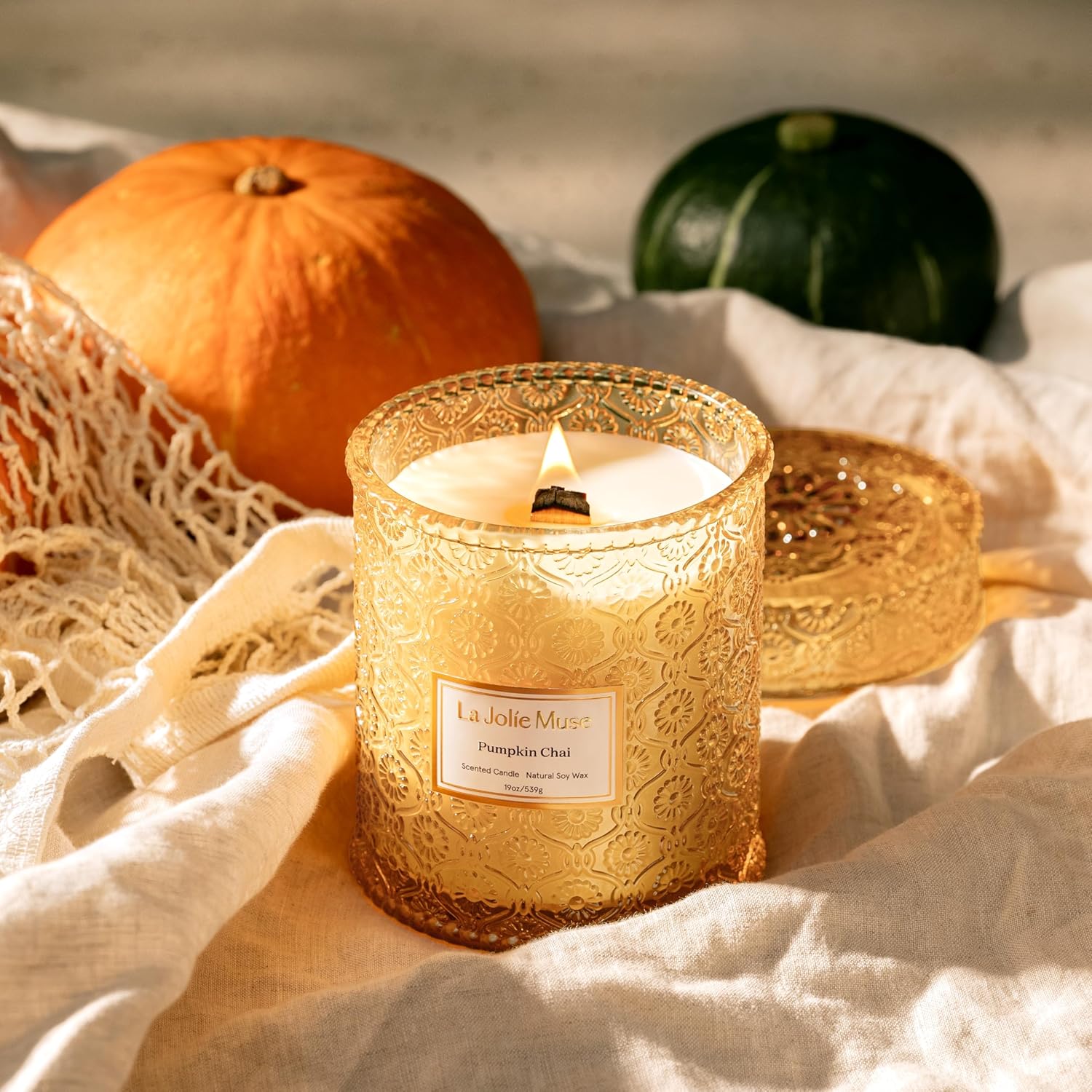 LA JOLIE MUSE Pumpkin Chai Candle – Pumpkin, Spicy Chai & Vanilla Scent | 19 oz Large Wooden Wick| Natural Soy Wax | 90 Hours Clean Burn | Gift-Ready for Autumn Hosting | Seasonal Home Décor - Image 3