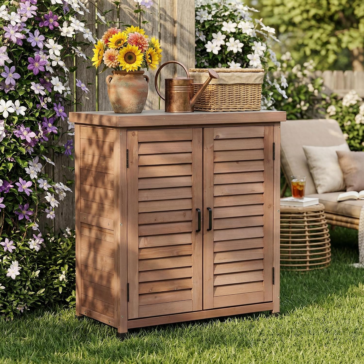 Potting Bench with Storage Cabinet and Metal Table Top for Outdoor Patio, Garden Furniture Wood Workstation Coffee 31.5x17x36''