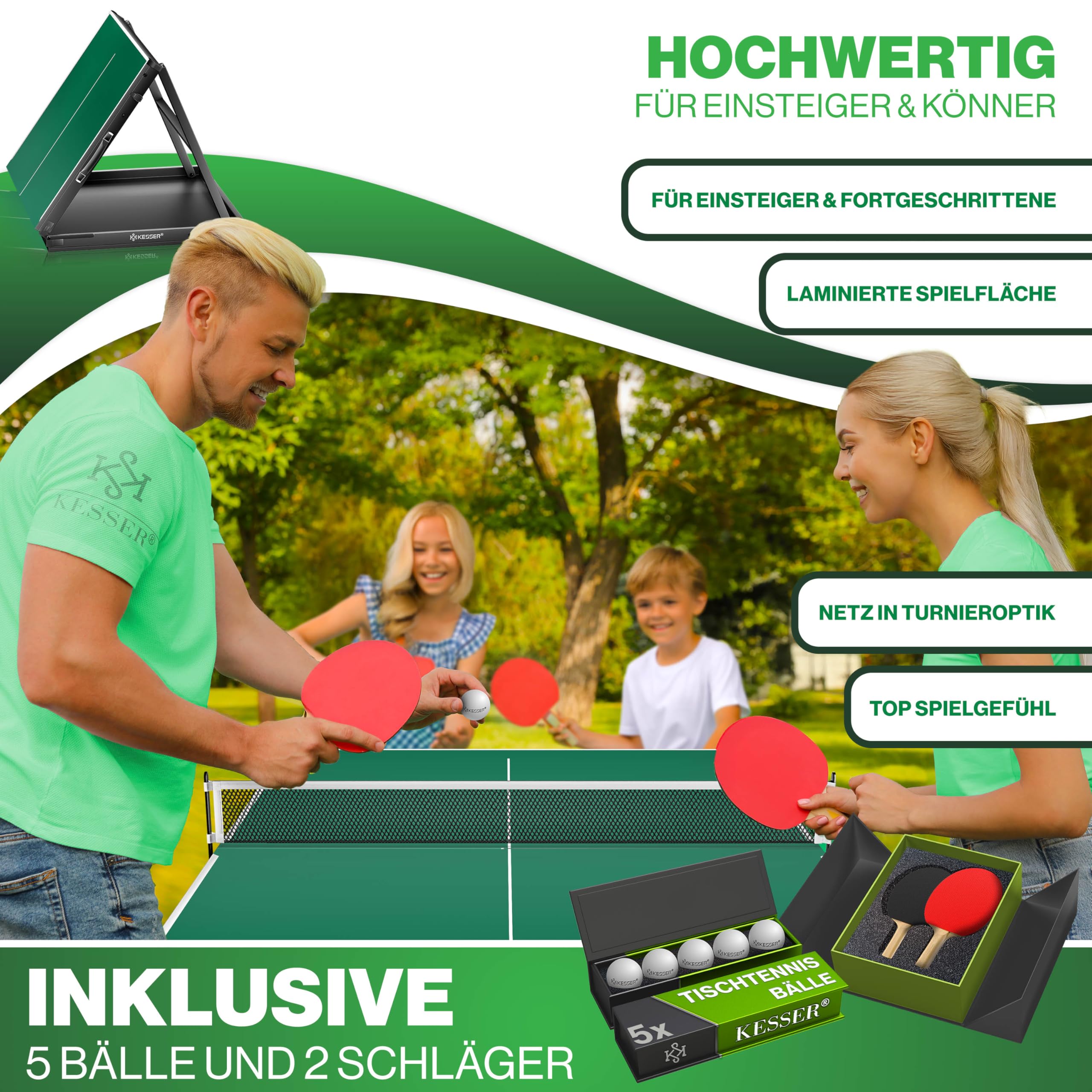 KESSER Mini tavolo da ping pong per esterni, con set di racchette da ping pong, palline da ping pong e rete T, resistente alle intemperie, laminato, pieghevole, per viaggi, design a valigia, 153 x - 2