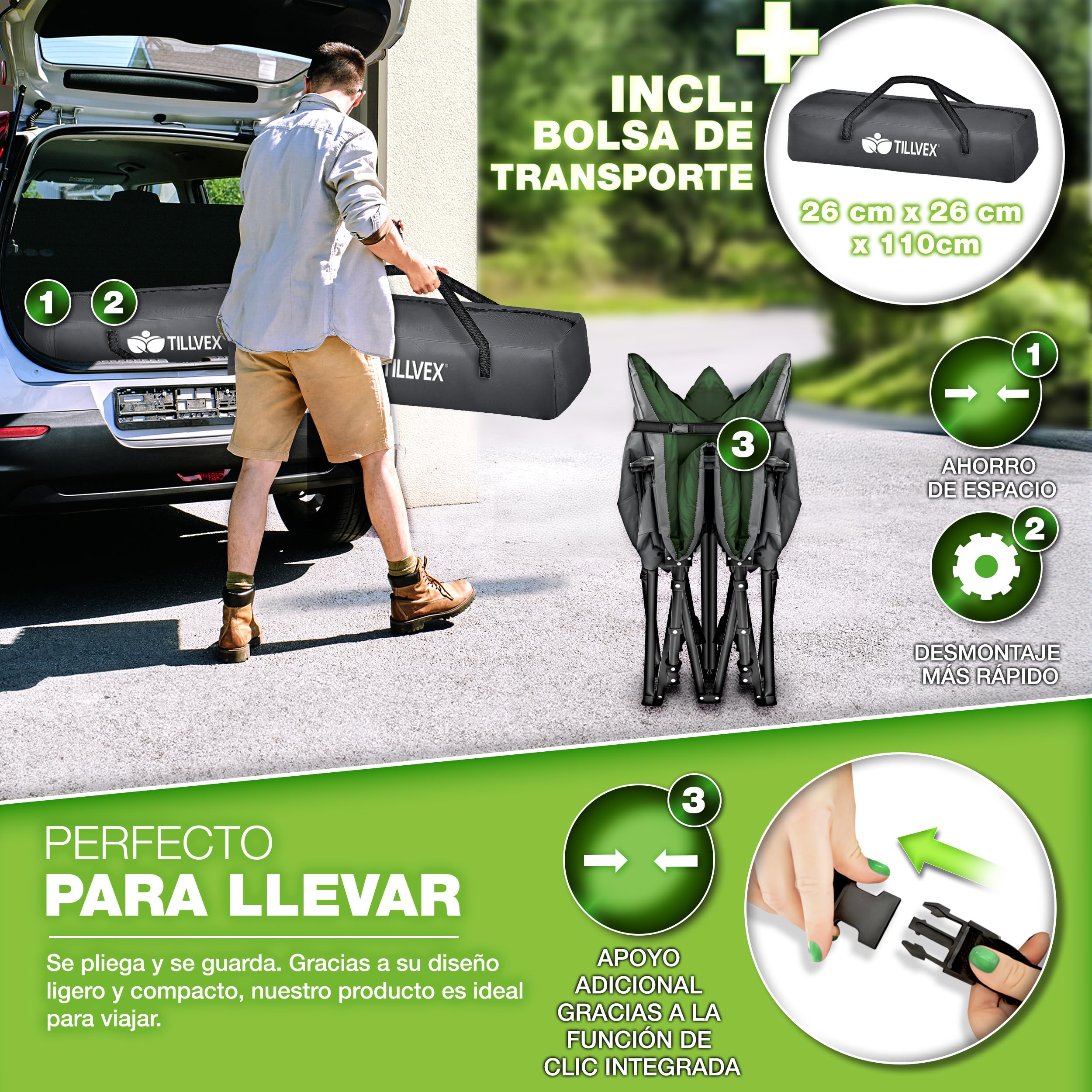 tillvex® Cama de camping plegable con bolsa de transporte de hasta 200 kg | Tumbona de camping extra ancha | Cama plegable para exteriores e interiores | Cama plegable para invitados para jardín,
