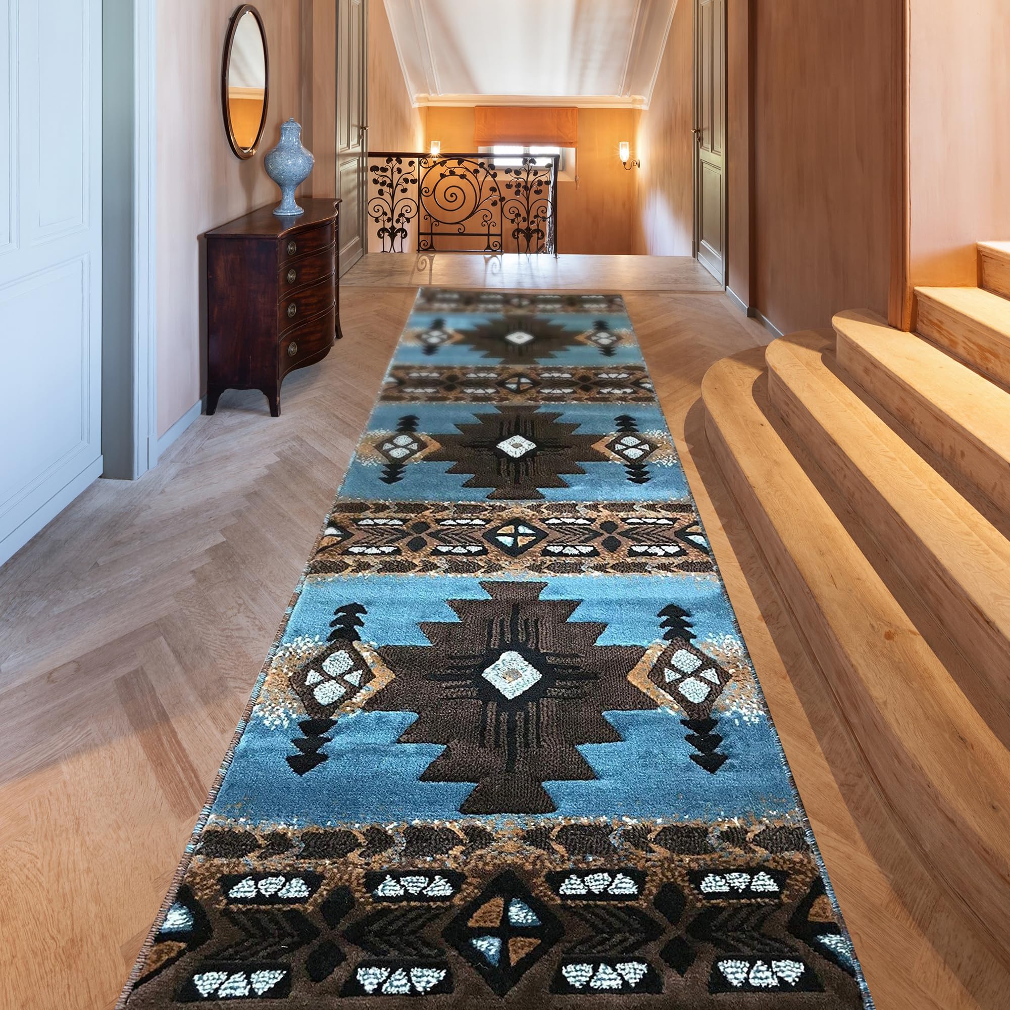 YHSF South West Native American Area Rug C318 - Easy Clean, Thick, Soft, Durable Native Tribal American Indian Inspired Rug for Bedroom/Living Room and More - Blue-Brown, 2 Feet x 7 Feet