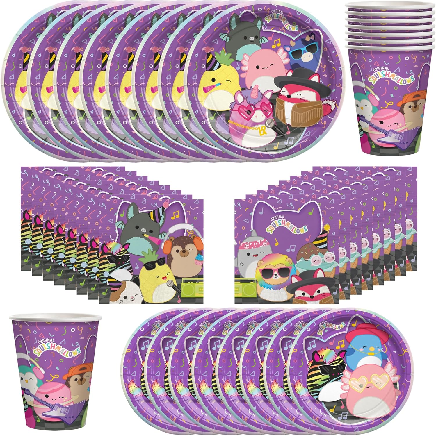 Treasures Gifted Officially Licensed Club Squishmallows Party Supplies - Serves 24 Guests - Dinnerware Classic Set Squishmallows Birthday Decorations - Plates, Cups and Napkins Set