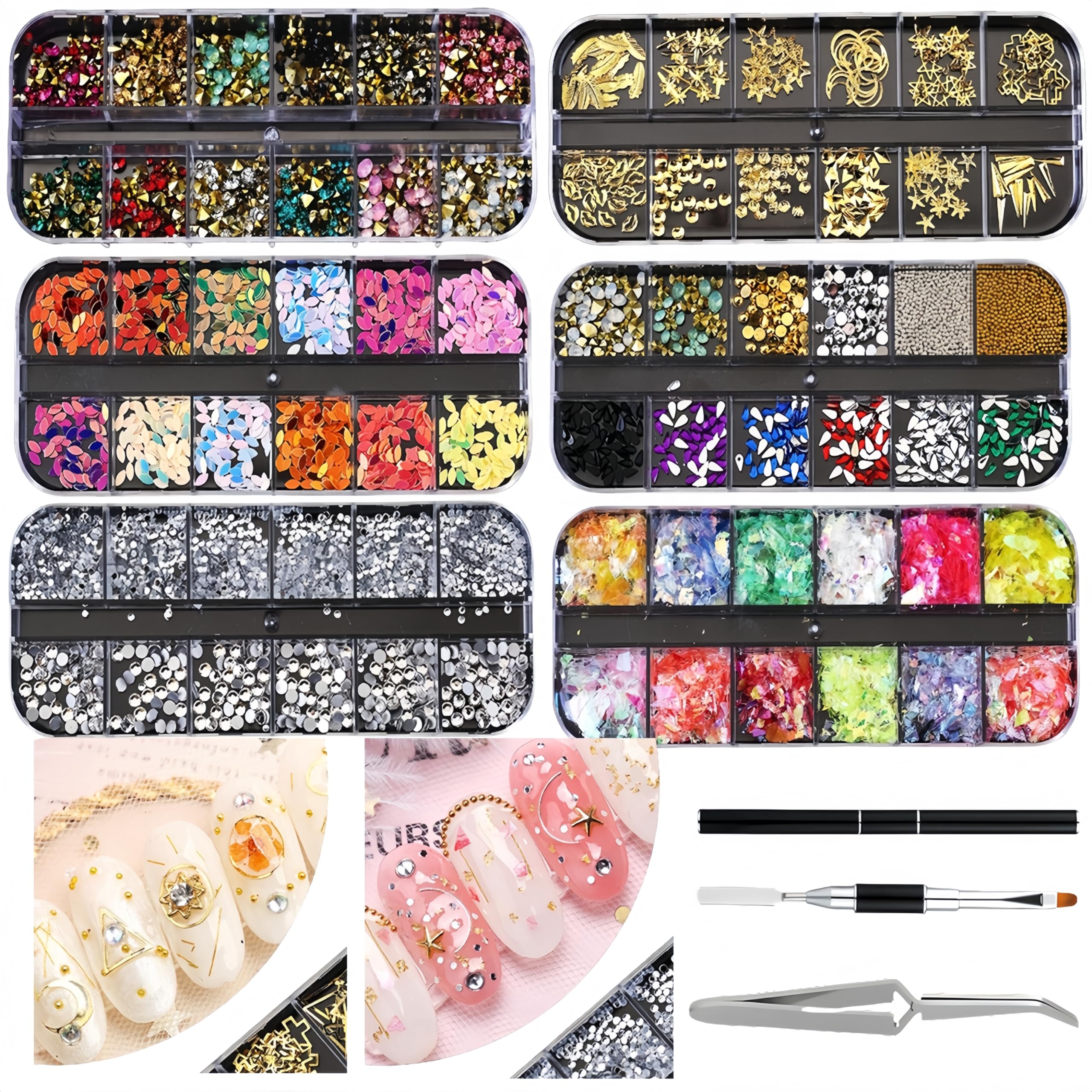 3D Nail Art Charms Kit with 6 Boxes Nail Gems Rhinestones,1 Nail Sculpting Clip,1 Dual-Ended 2-in-1 Brush&Picker Tool–DIY Manicure Set for Wedding,
