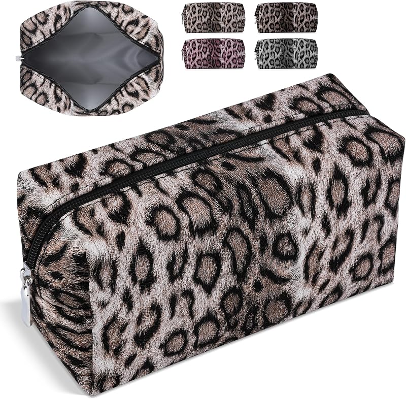 Necessaire de maquiagem MXXUUOOM com estampa de leopardo, dobrável, em couro sintético, Bege