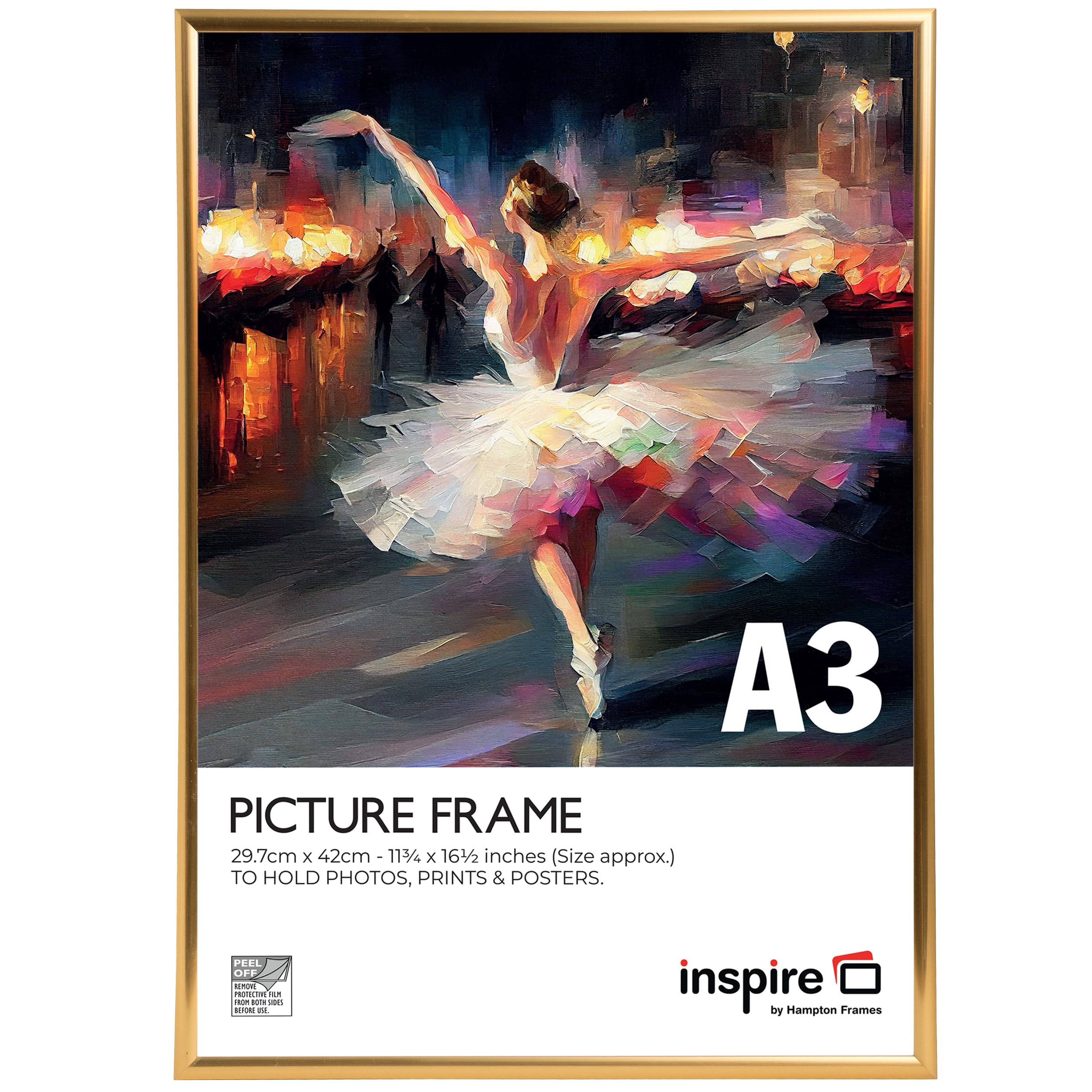 inspire by Hampton Frames | A3 Gold Poster Frame, Acrylic (Non-Glass), Pack of 1 | Lightweight, Shatterproof, Easy Backloader Design | Display Photos, Posters, Certificates