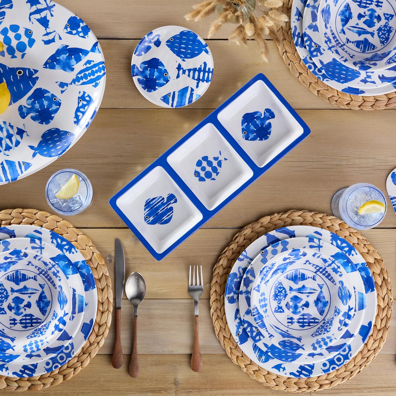 Fish Tale 3pc MELAMINE HOSTESS SET – 14.5" Chip Dip, Relish Tray, 19x8" Platter, Cobalt Fish School Art, Shatterproof Outdoor Entertaining, Poolside Party Serving, Mediterranean Coastal Hospitality