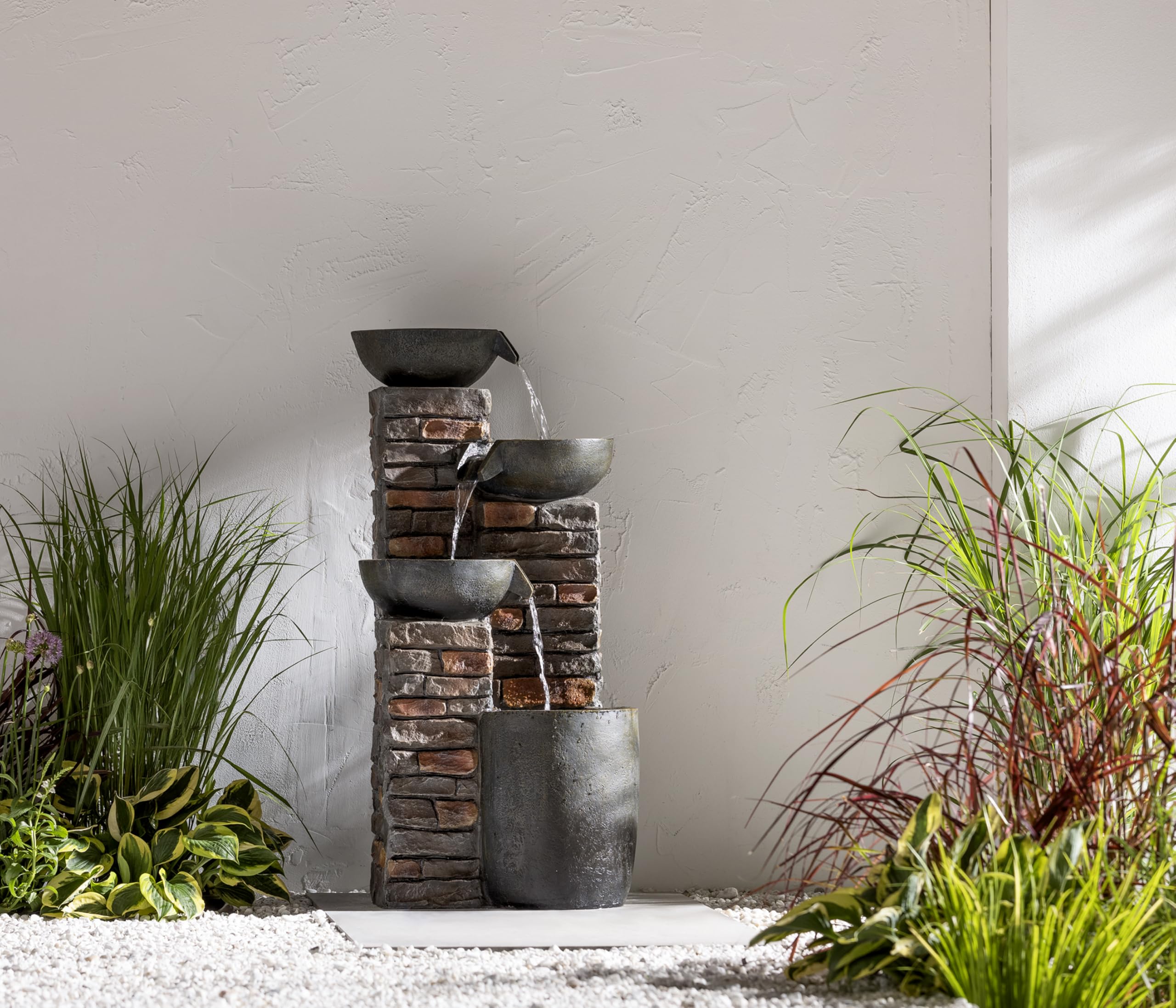Dehner Gartenbrunnen Mattone, Outdoor-Brunnen, mit LED-Beleuchtung, solarfähig, ca.46x89x43 cm, Polyresin, grau