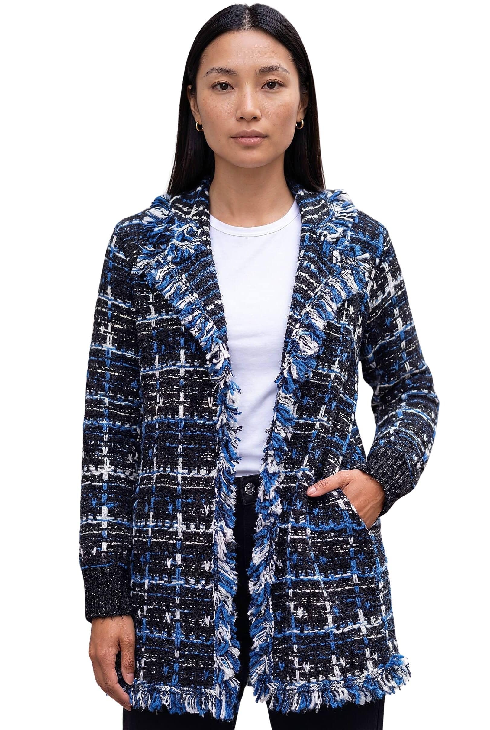 Roman Originals Check Fringe Knit Cardigan for Women UK - Ladies Everyday Autumn Winter Comfy Soft Evening Vacation Work Party Night Out