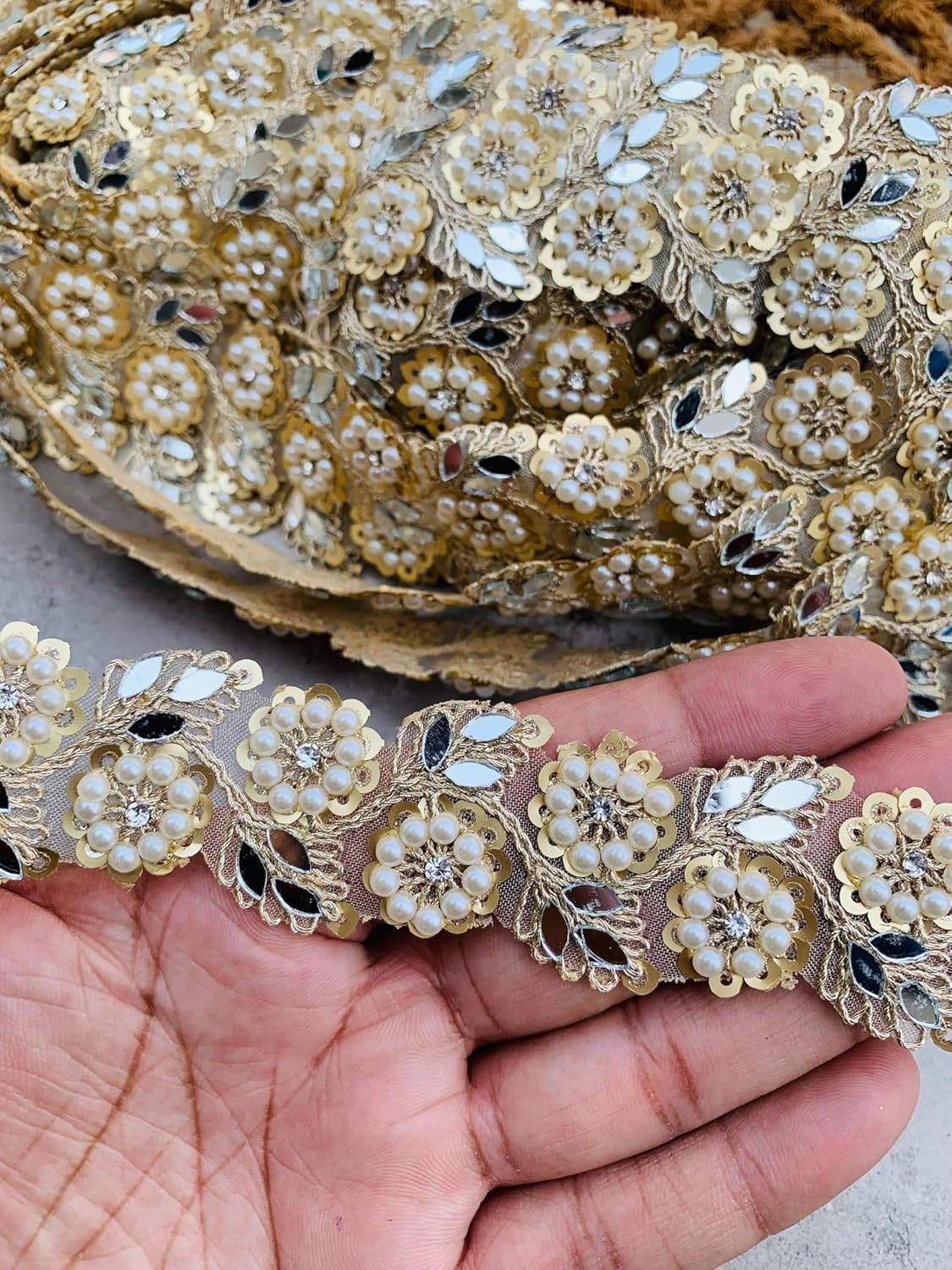 Decorative Pearl Flower Trim Lace, 3 CM Wide, Gold Sequin Mirror-Pearl Embellished, Available in 1, 3, 6 Yard Options (6)