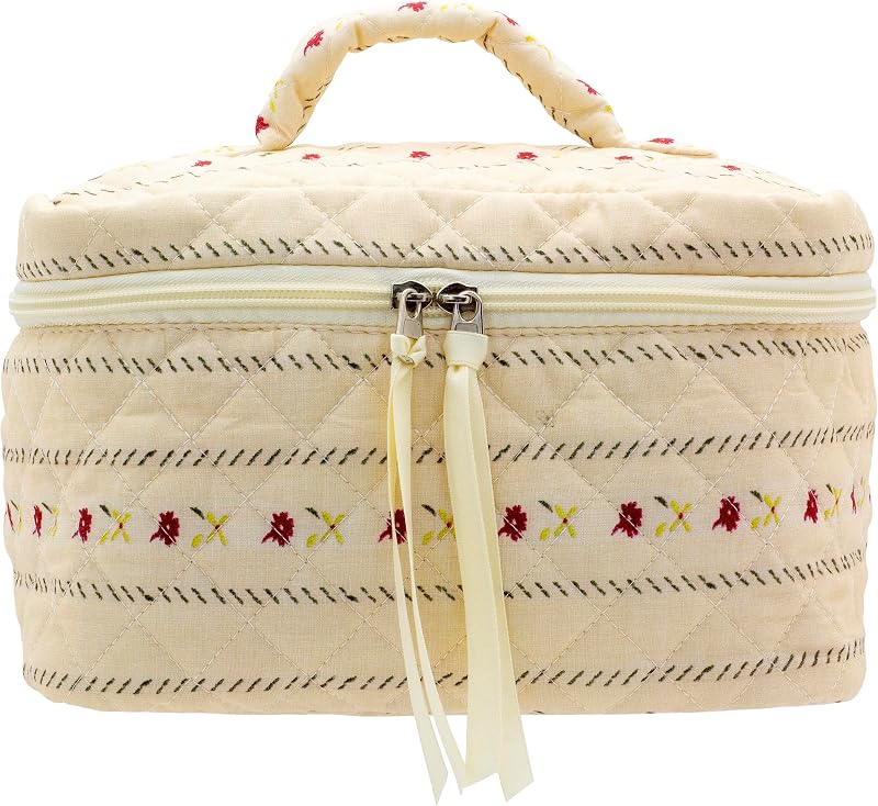 Necessaire de maquiagem acolchoada PAZIMIIK Flower Beige com zíper