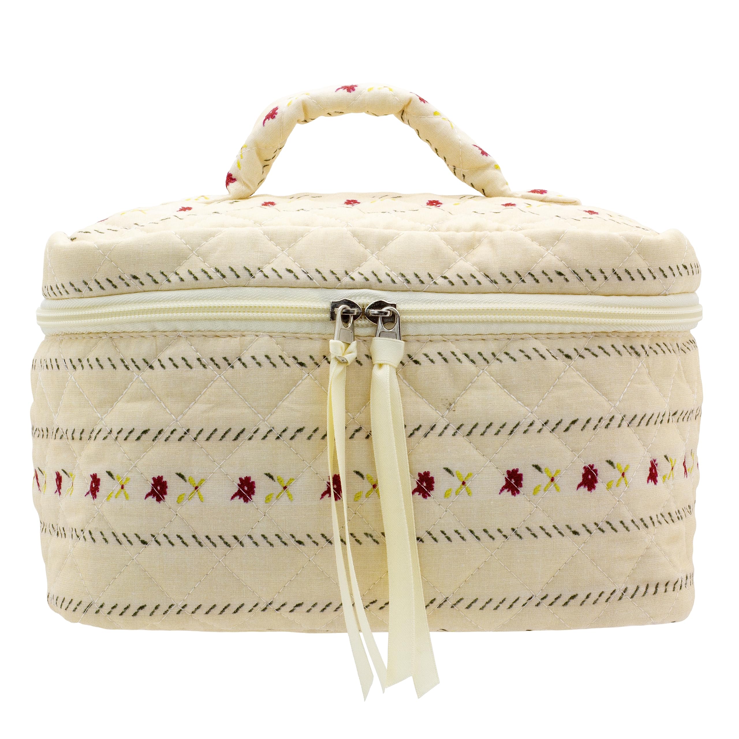 PAZIMIIK Quilted Makeup Bag Large Travel Zipper Soft Cosmetic Case for Women Girls Make Up,Little Flower Beige