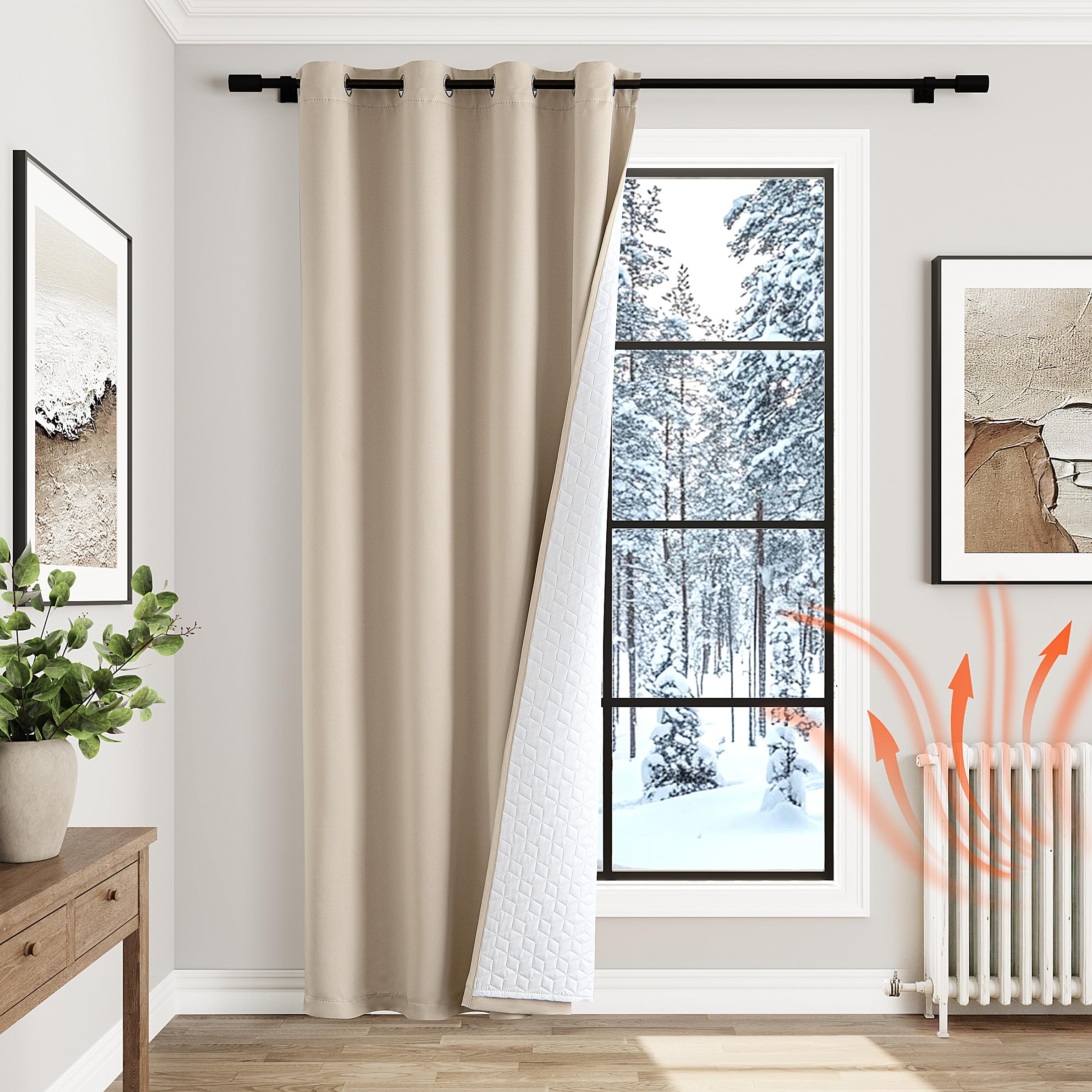 MIULEE Thermal Insulated Cold and Heat Curtains, 1 Piece Beige Opaque Eyelet Curtains, Double Layer Anti Light for Bedroom, Thermal Lined for Winter