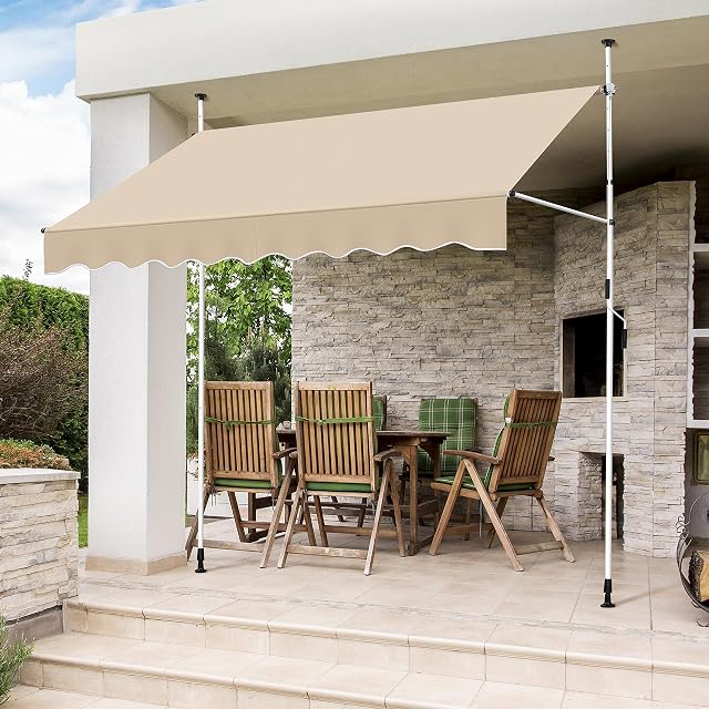 Yaheetech 2.5x1.2m Telescopic Balcony Awning, Manual Retractable Garden Awning, Free Standing Sun Shade Shelter Canopywith Hand Crank for Patio/Gazebo/Garden/Restaurant/Cafe, No Drilling, Beige