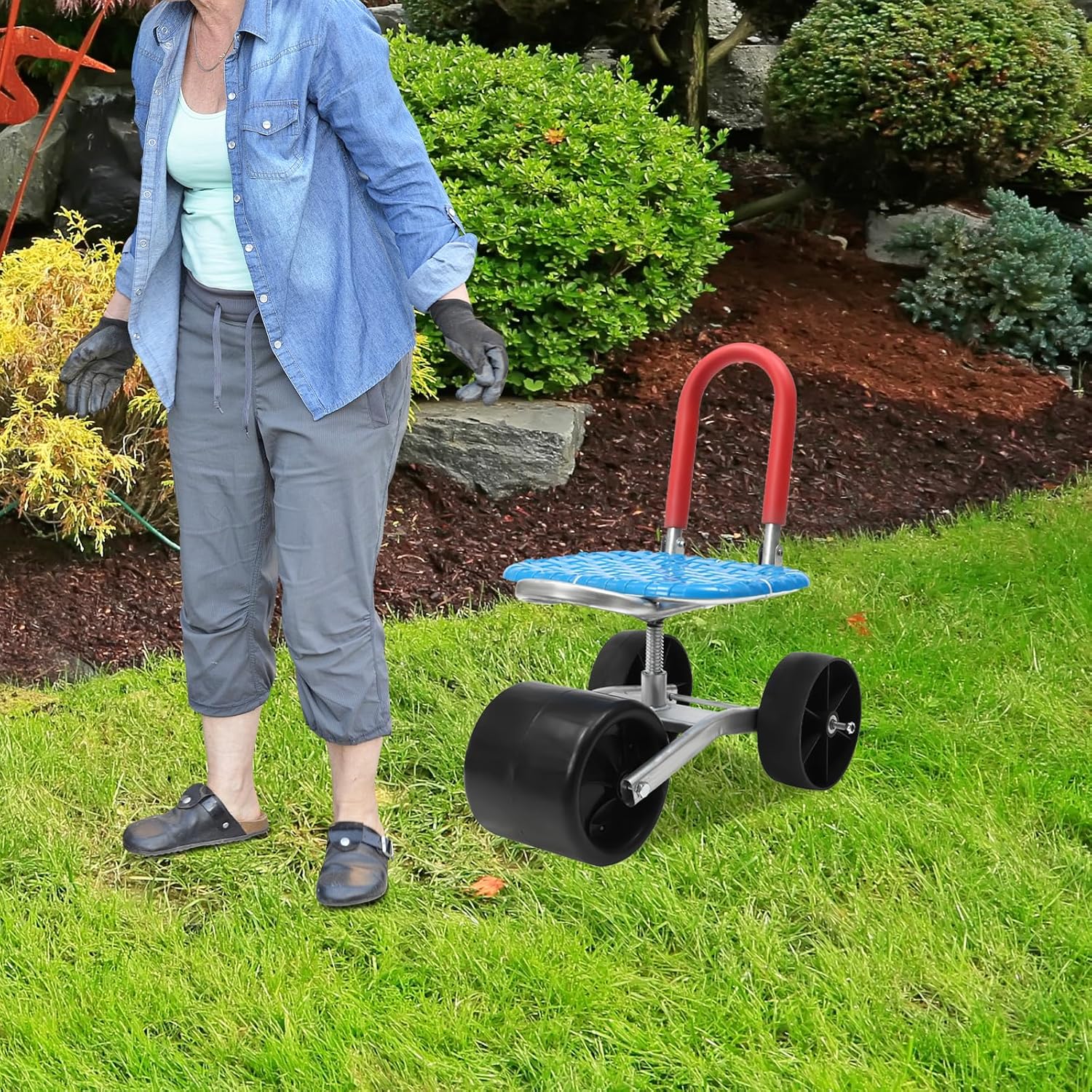 L-Shaped Rolling Garden Cart Seat with Wheels 360° Swivel Gardening Helper New