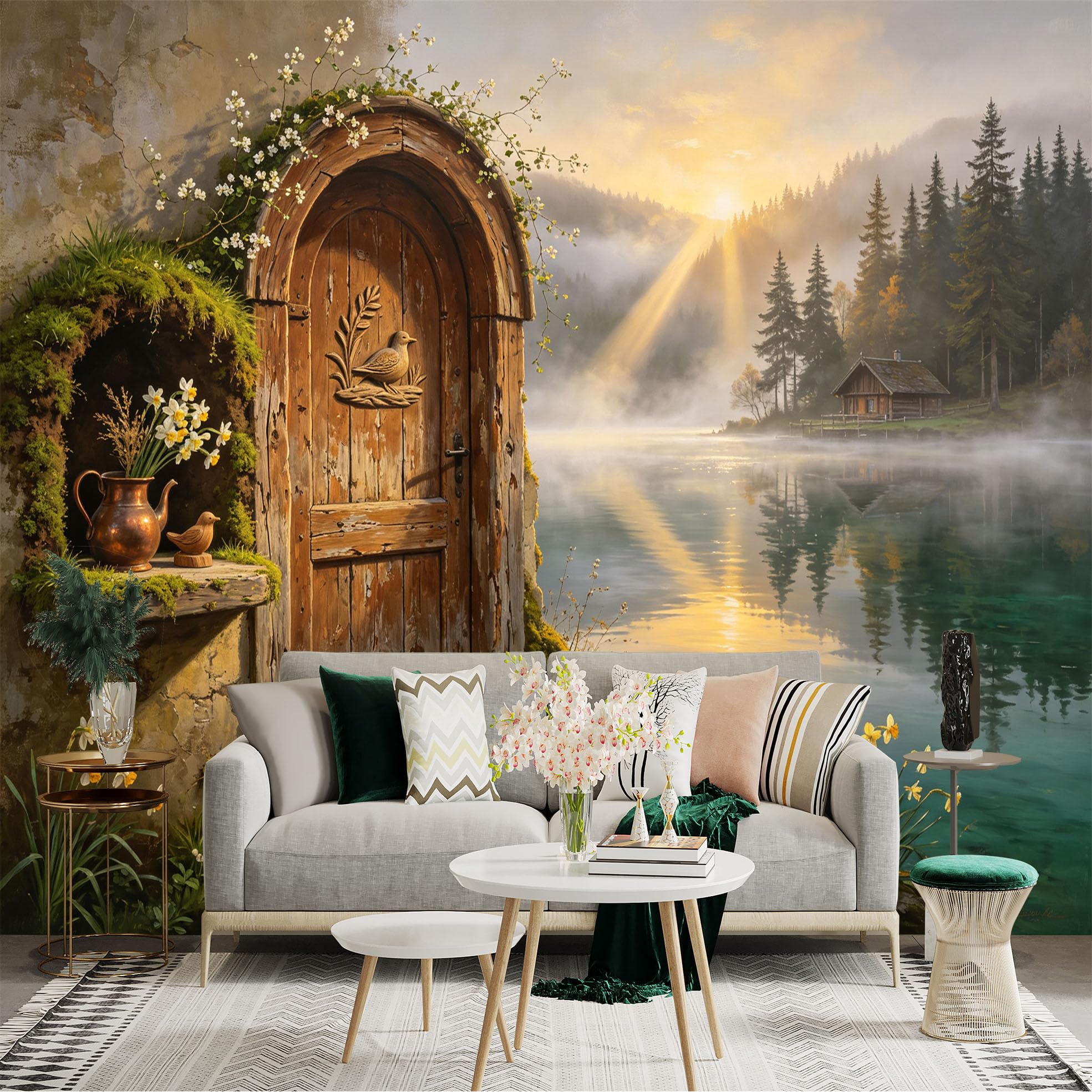 Custom Size Wall Sticker Mural， Rustic Lakeside Cottage Door， Misty Forest Sunrise， Floral Nature Scenery， for wall Decoration， peelandstick wall Decals.