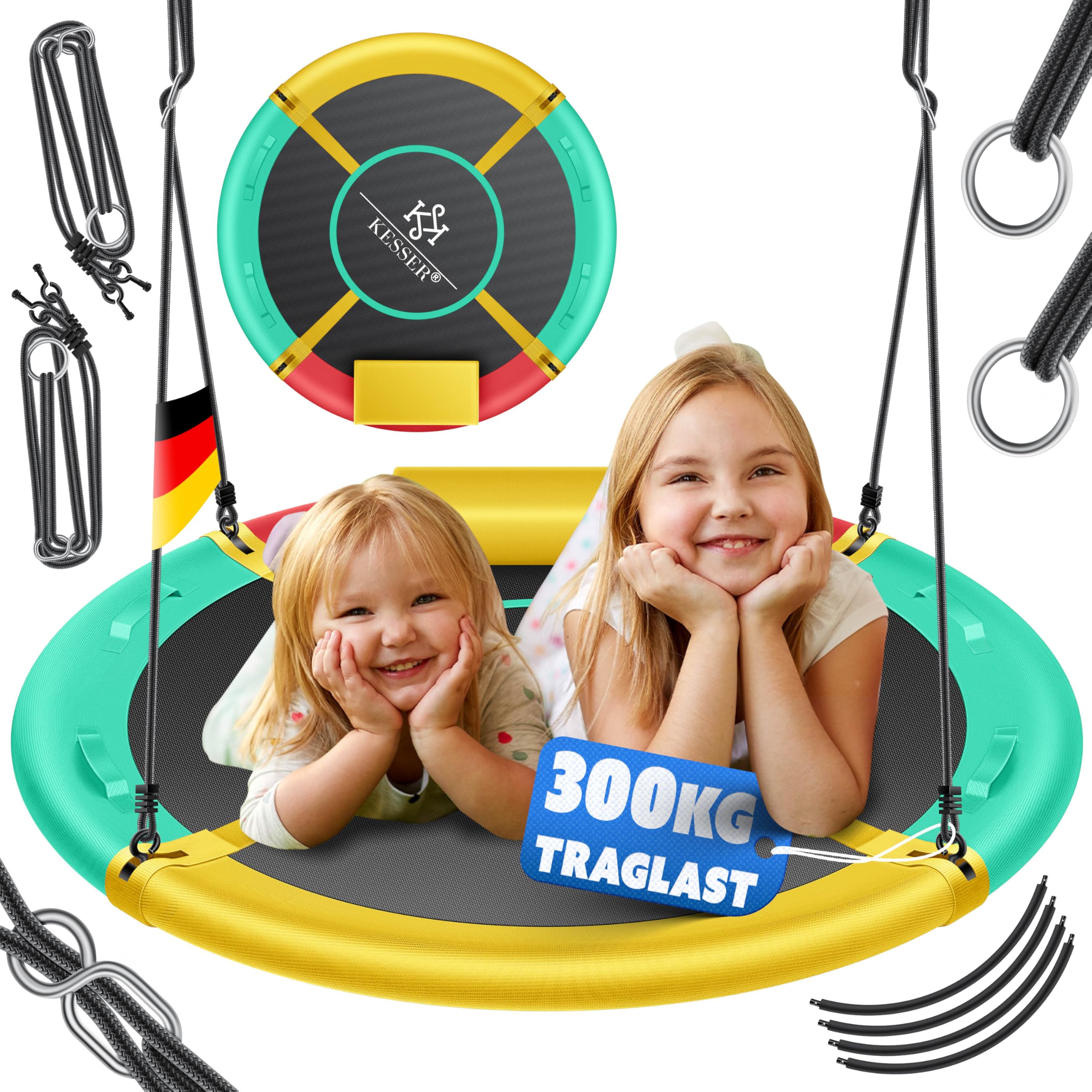 KESSER Columpio nido, columpio redondo, diámetro de 100 cm, soporta hasta 300 kg, con cojín y 4 asas, ajustable, para interior y exterior, para niños y adultos