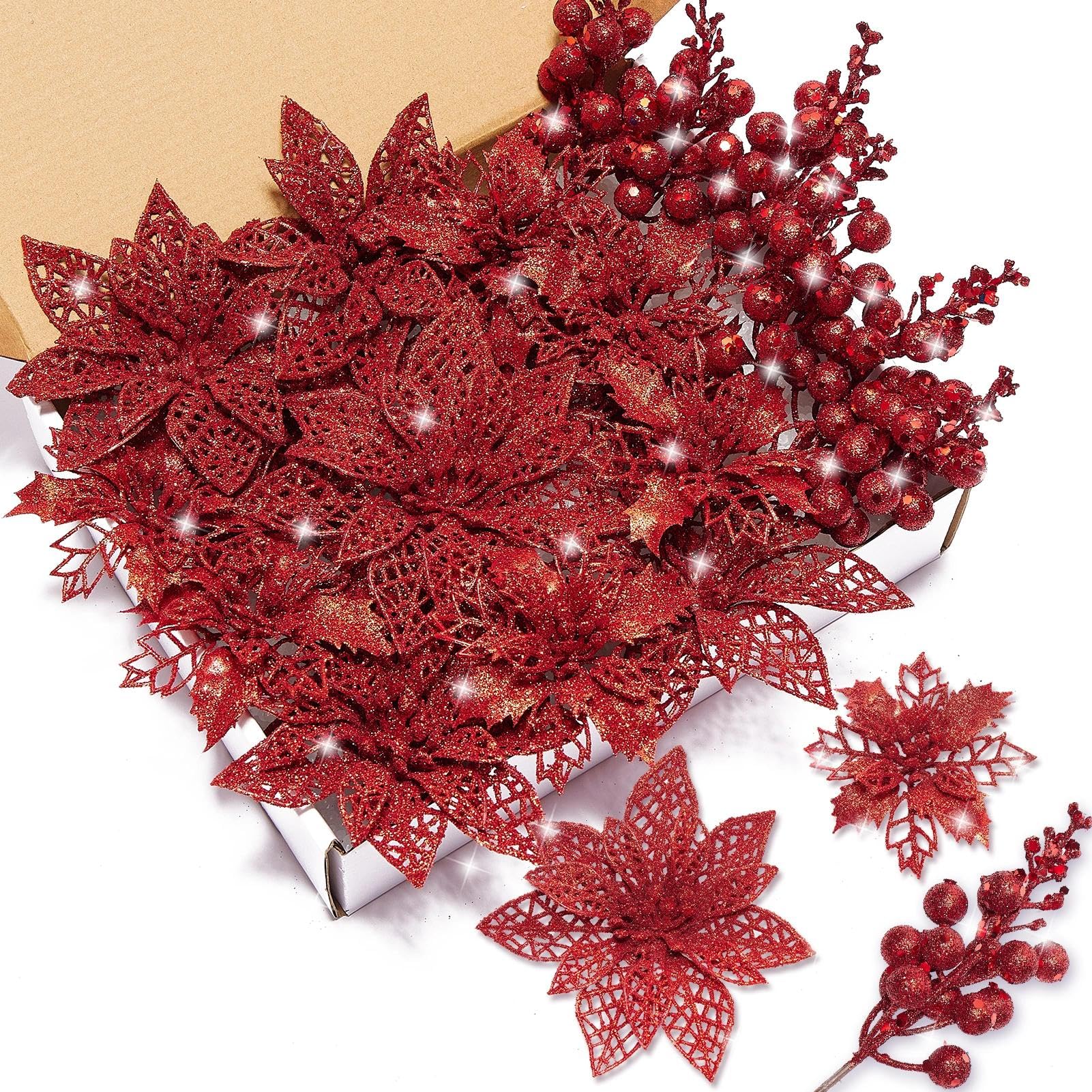 Xmastell Red Poinsettia Artificial Flowers Set, 22 Pcs Christmas Flowers For Tree With 16 Poinsettia & 6 Berries Picks, Xmas Tree Flower Decorations For Festive Home Decor