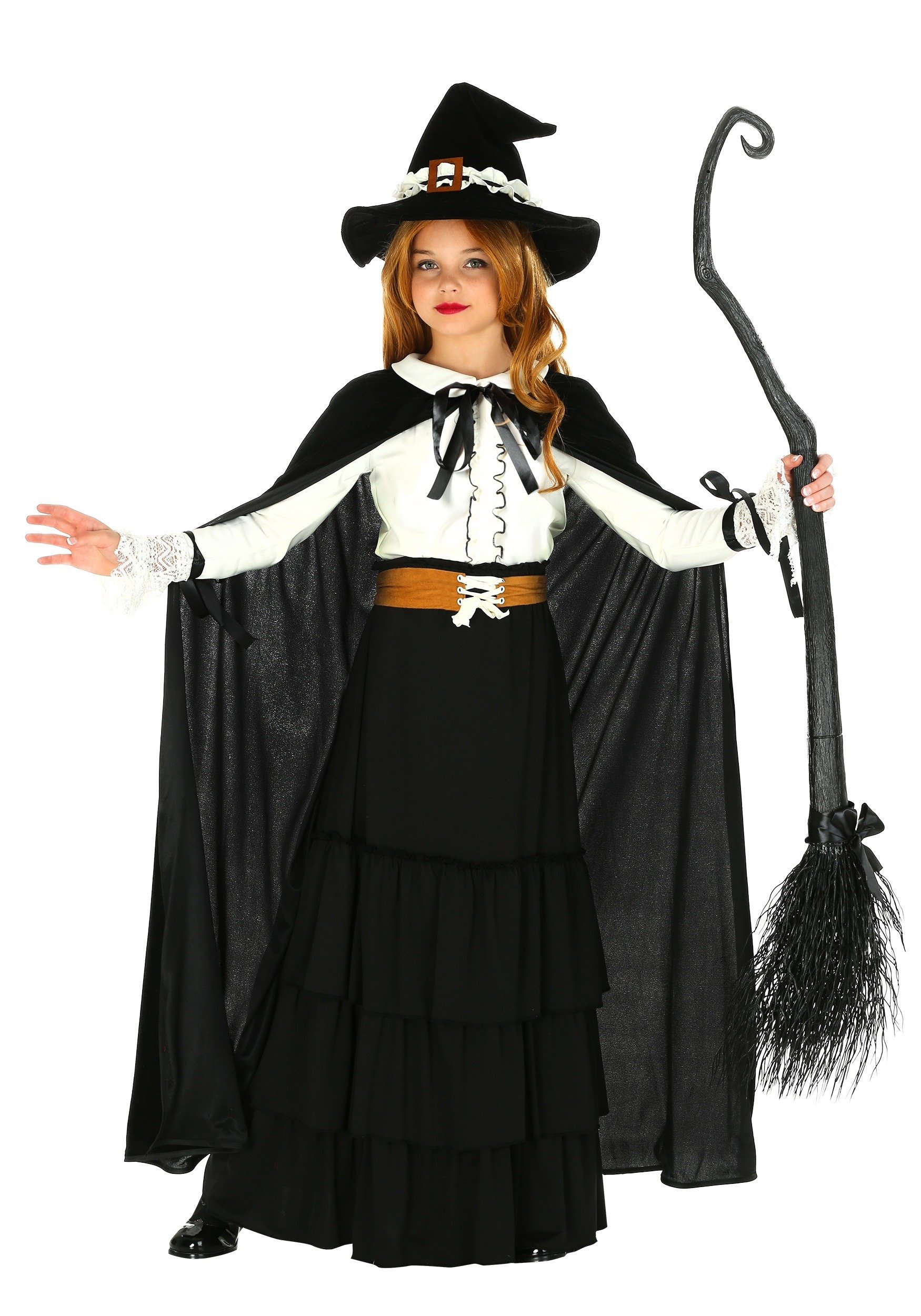 Girl's Salem Witch Costume | Kid's Colonial Cosplay Outfit | Girl's Witch Dress with Cone Hat & Cape