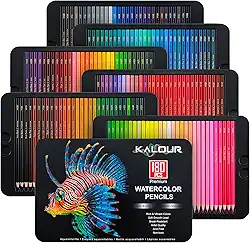 KALOUR Lápis de aquarela profissional, conjunto de 180 cores, solúvel em água, com 2 pincéis