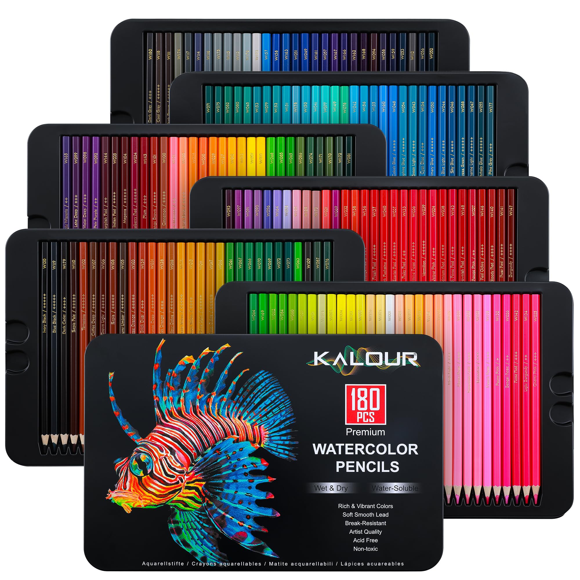 KALOUR Matite acquerellabili professionali, set da 180 colori, solubili in acqua, con 2 pennelli