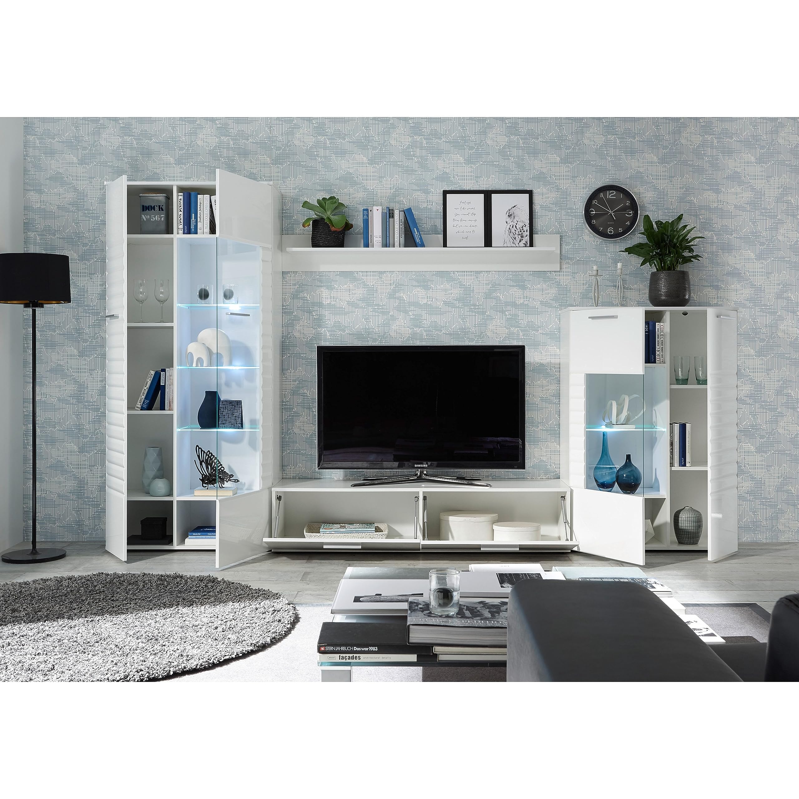 NEW Long Wohnwand Komplett-Set in Weiß - Moderne Schrankwand mit LED-Beleuchtung für Ihr Wohnzimmer - 320 x 194 x 44 cm (B/H/T)