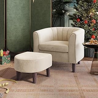 LINSY Accent Chair with Ottoman, Modern Armchair Comfy Barrel Reading Ch...