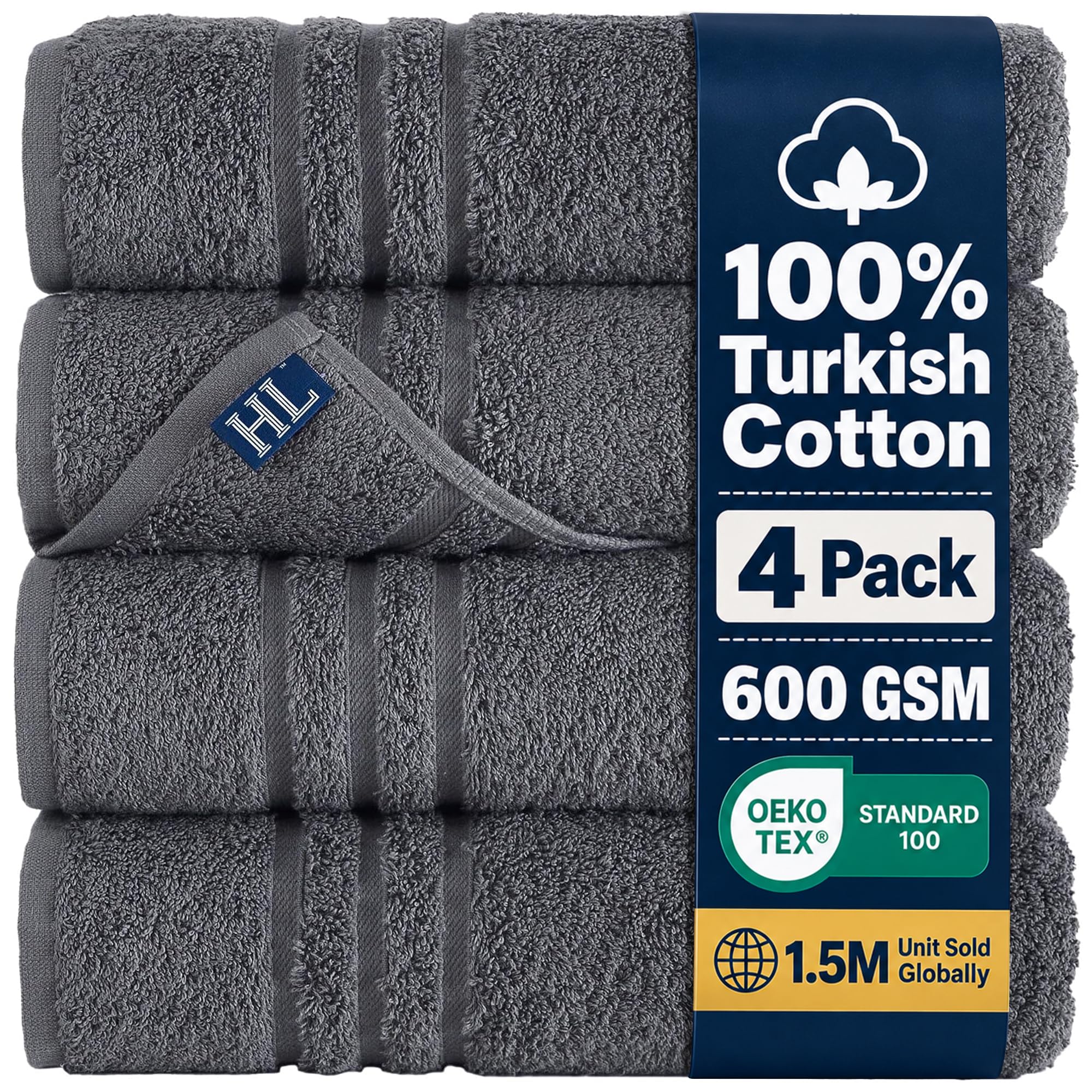 Hawmam Bath Linen Towels Large, Turkish Cotton, 4 Pack, Cool Grey