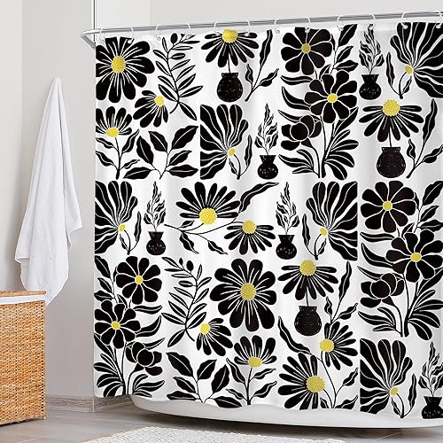Miniatura 3 de Boho Black Floral Shower Curtain 72Wx72L Inch Retro Vintage Patchwork Rustic Flower Cute Groovy Aesthetic Pretty Bathroom Set Female Waterproof Bath