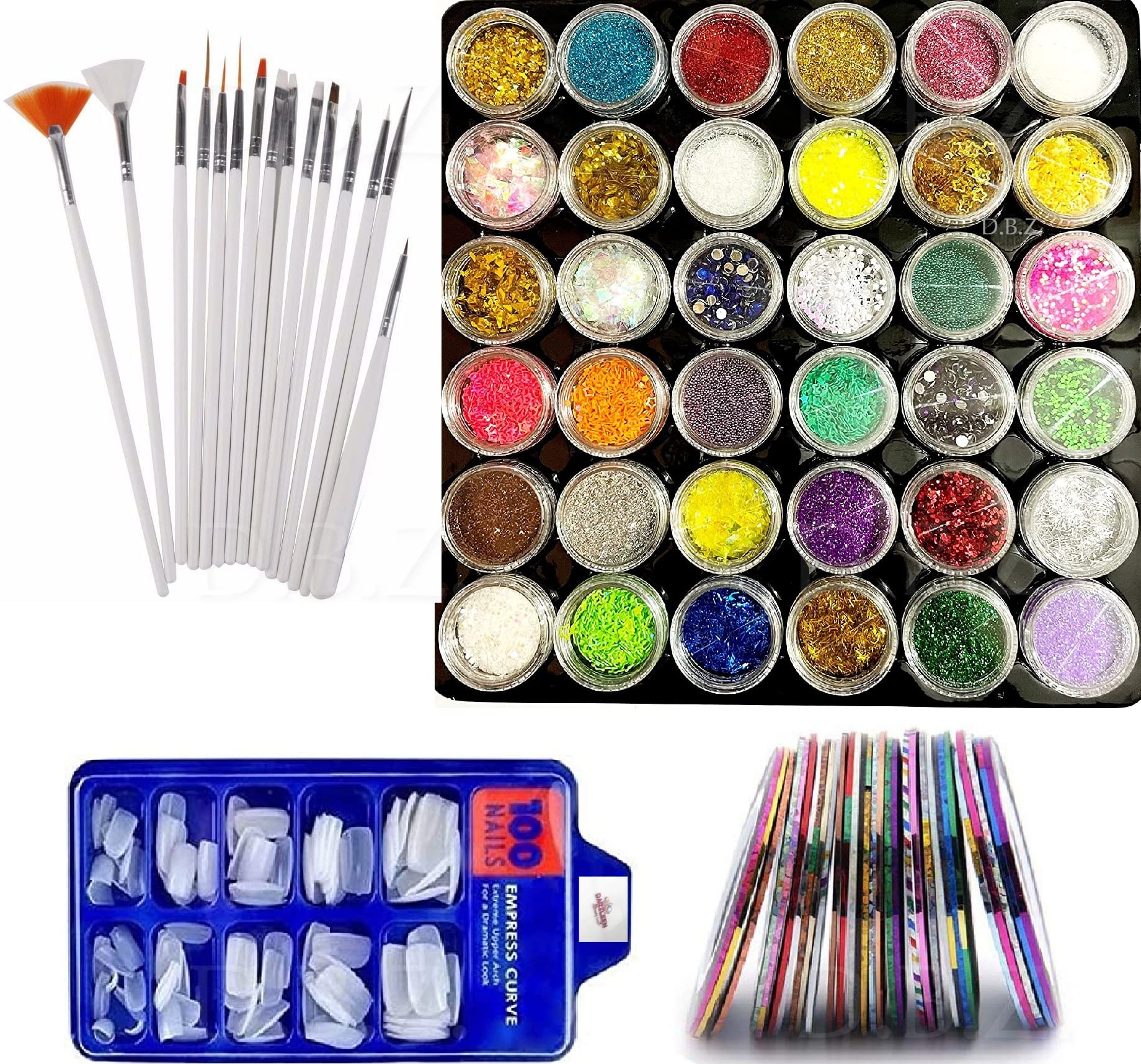 Nail Art Kit - 36 Pcs Glass Bottles Sparkling Powder Dust Multicolor Glitter Stones,15 Nail Art Brushes,100 Pcs Pack Artificial Acryclic Nails,10 Striping Nail Tapes (Nail Art Kit)-image-12