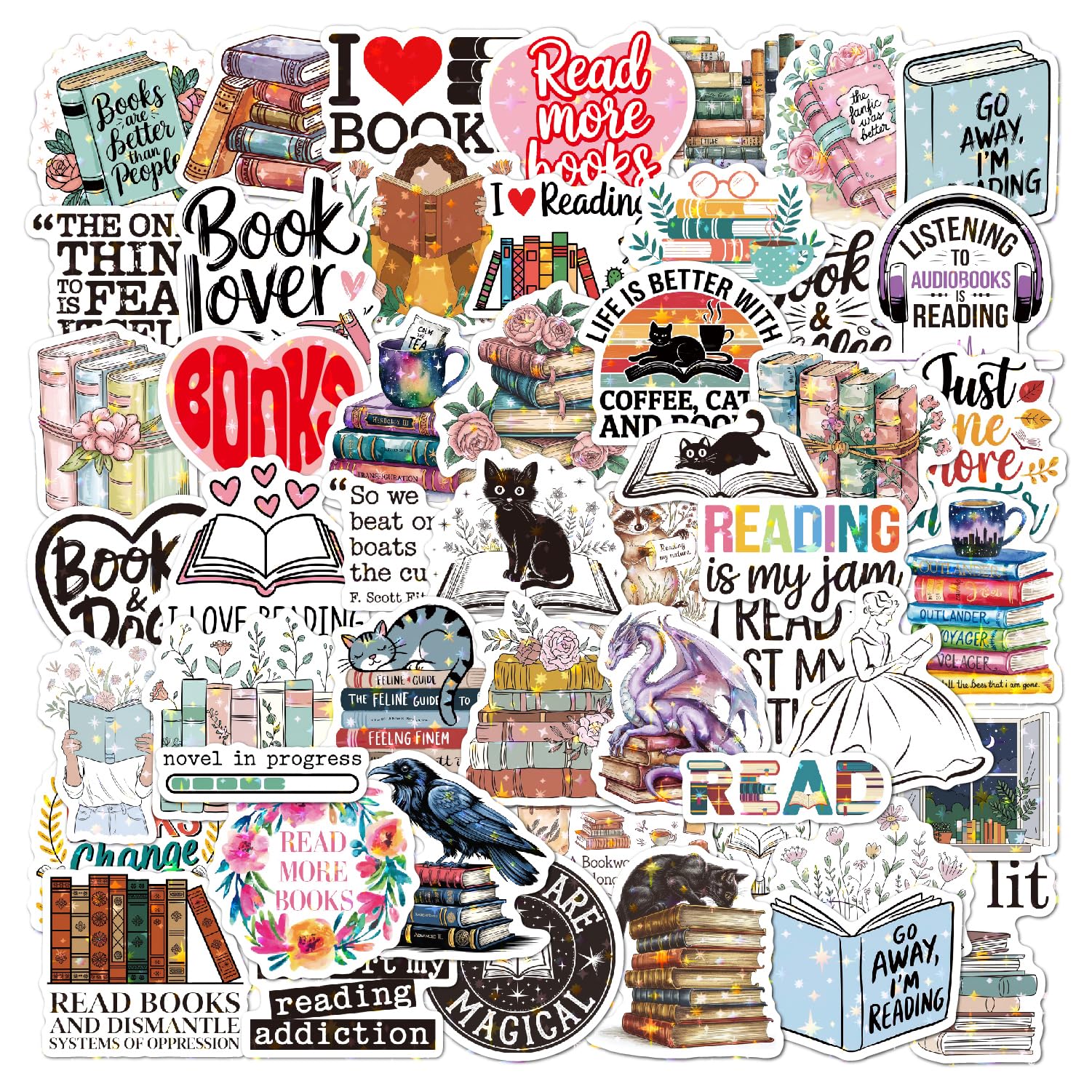 50-Piece Holographic Shiny Reading Book Stickers - Inspirational Quotes Bookish Stickers for Kindle Book Lovers, Journals, Laptops, Scrapbooking,