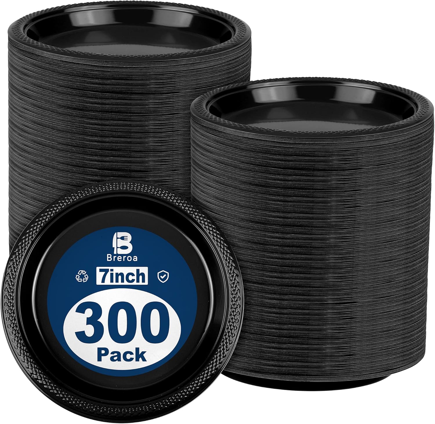 300 Pack Black Disposable Plastic Plates with Sticker 7 Inch Heavy Duty Round Plates Food Grade Solid Color Dinner Party Plate for Party Supplies, Dinner, Picnic