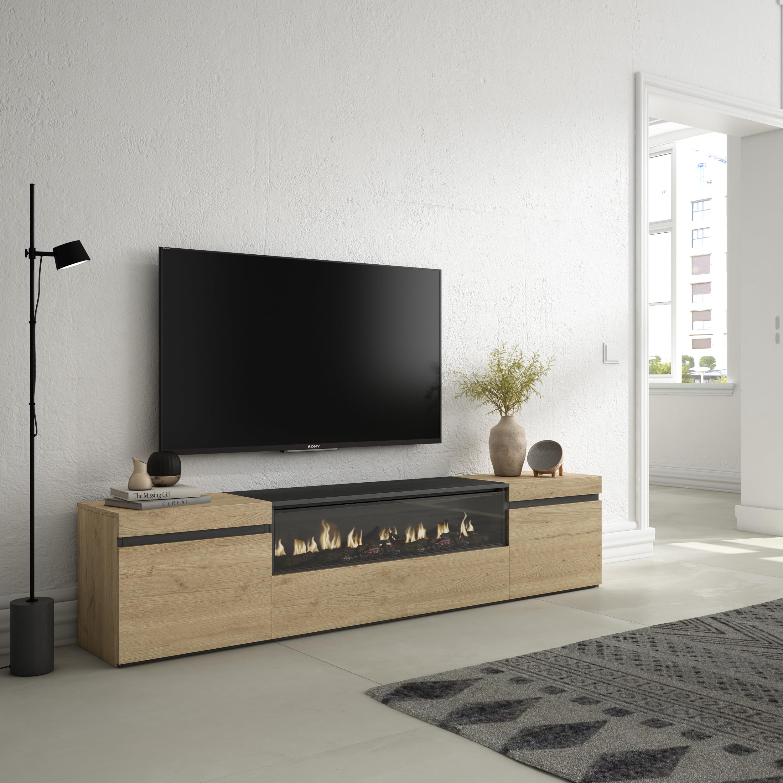 Skraut Home | Mueble TV | Televisión | Muebles de salón, almacenaje | 200x45x35cm | para TV hasta 80" | Chimenea eléctrica | Estilo Moderno | Roble y Negro
