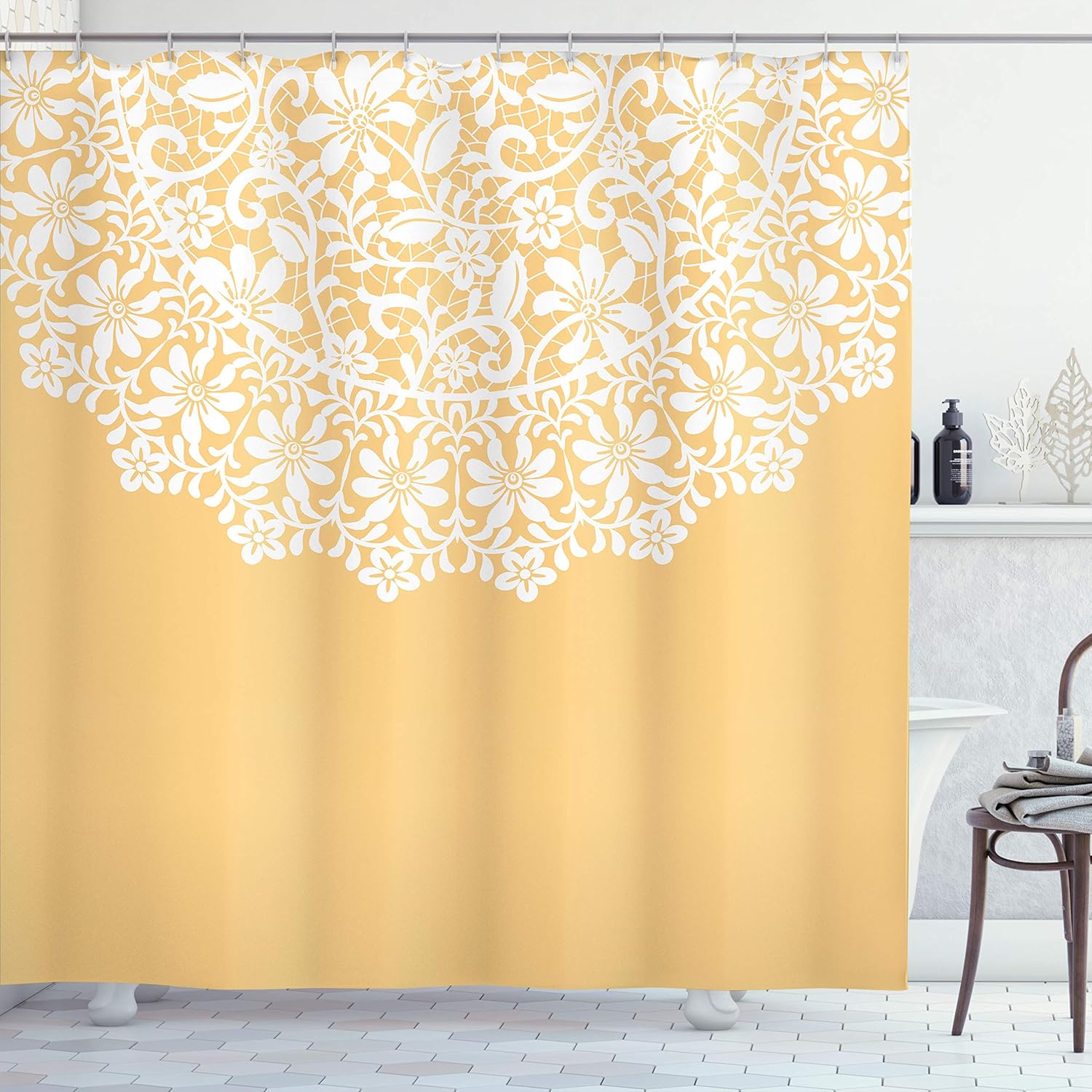 Lunarable Vintage Shower Curtain, Mandala Inspired Round Motif in Half Ornamental Flowers Graphic Border Print, Cloth Fabric Bathroom Decor Set with Hooks, 69" W x 75" L, Mustard