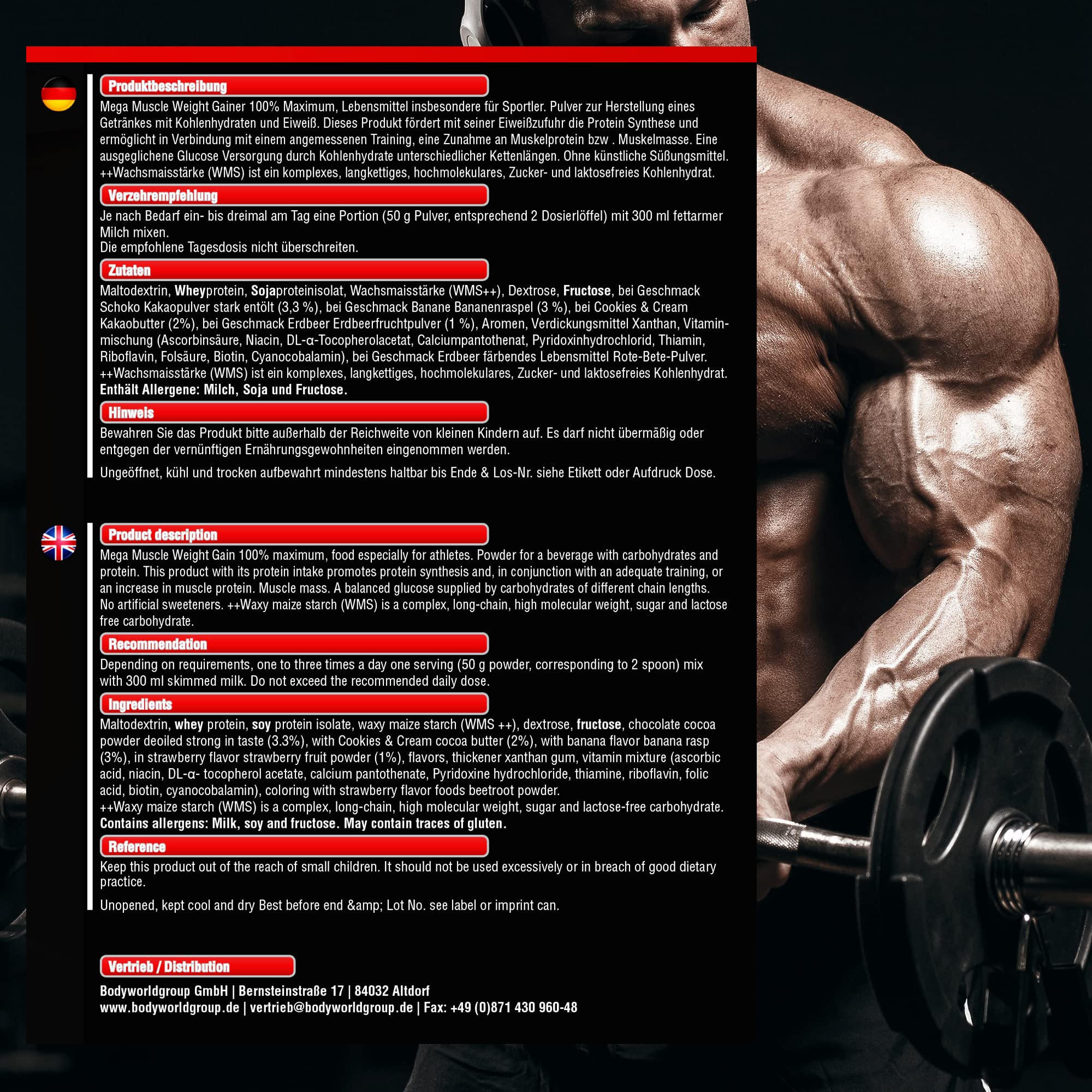 BWG Mega Muscle Weight Gainer 100% Maximum - perfekt für HardGainer und Massephasen – Kraftaufbau - Mega Cookies & Cream - Dose mit Dosierlöffel - (1x 5000g Dose)