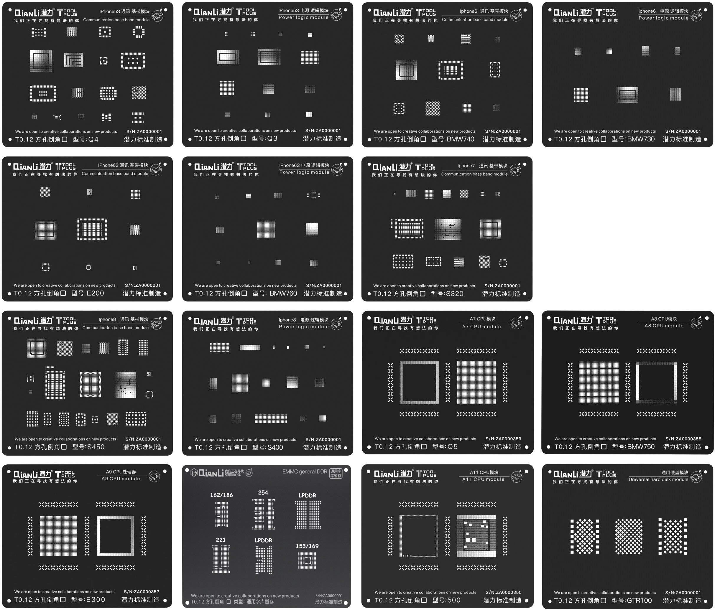 Full Pack of 15 X QianLi ToolPlus 3D iBlack Stencils for iPhone Chip Reballing