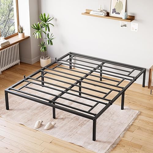 SunnyFurn Base de cama de metal tamaño Queen de 14 pulgadas con almacenamiento, base de colchón resistente de plataforma de tamaño Queen con soporte