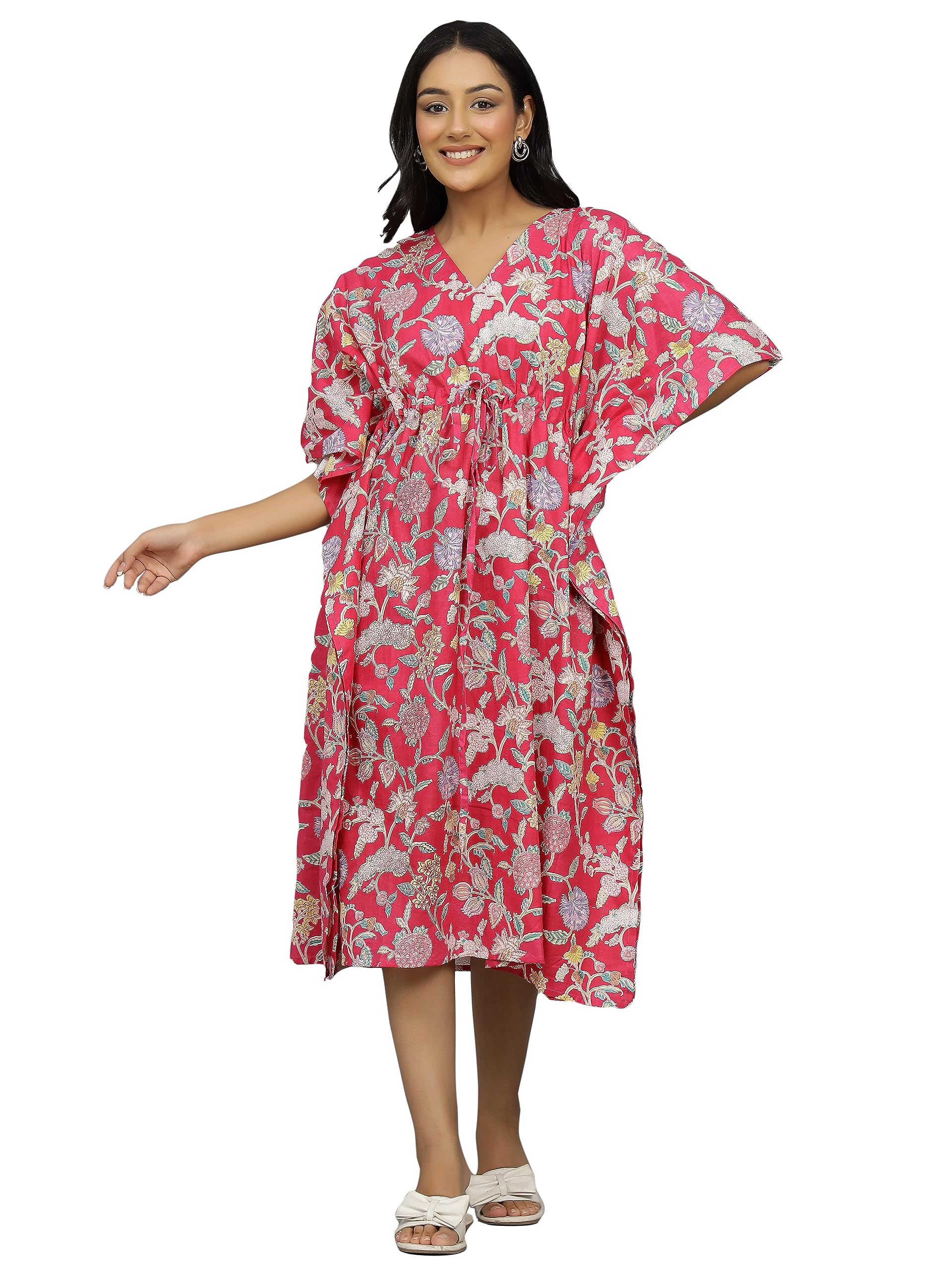Ravaiyaa Women Printed Cotton V-Neck Knee Length Kaftan Dress Nighty