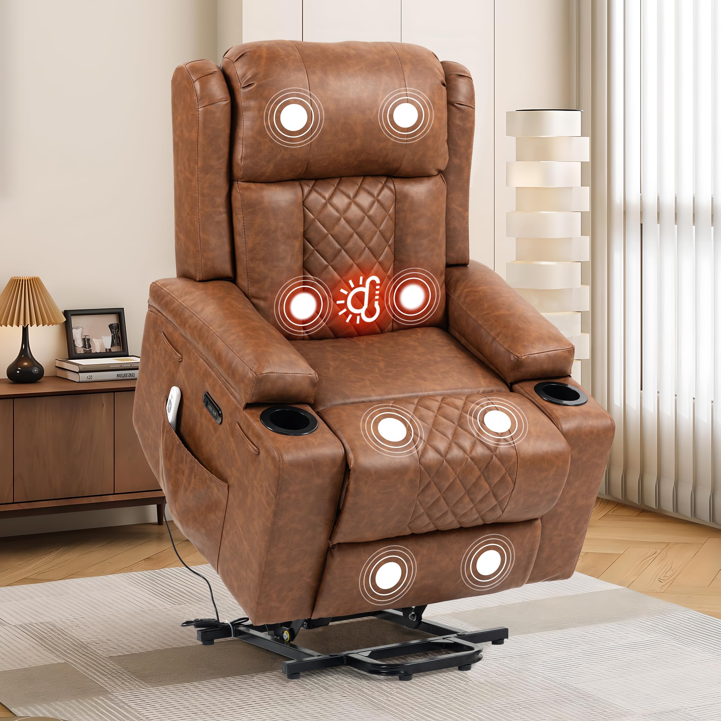 Silla reclinable Power Lift para ancianos, silla reclinable con masaje y calor, reposapiés extendido, sillón elevador eléctrico con tipo C, 2 portavasos y 2 bolsillos laterales, silla de salón